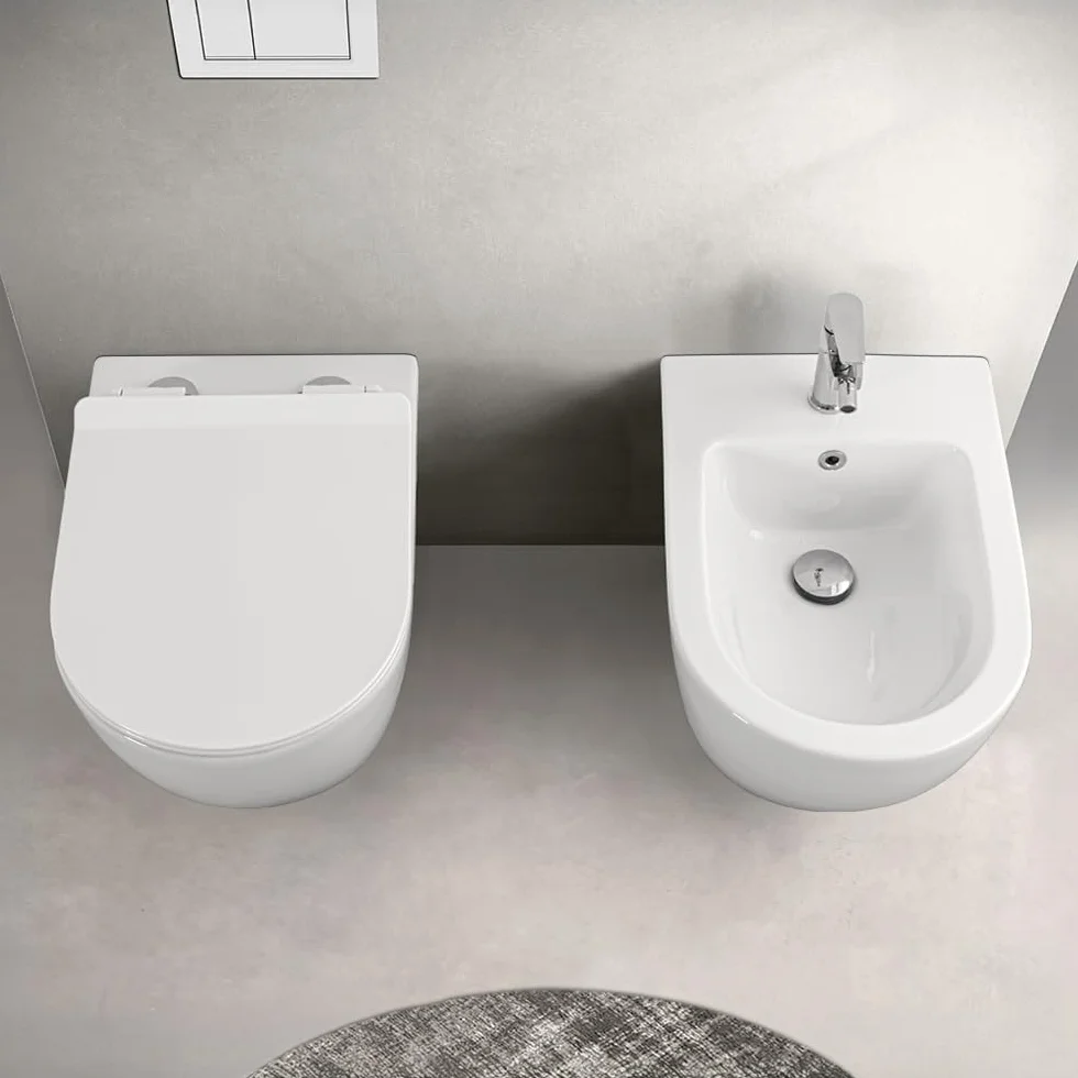 Set Sanitari Vaso + Bidet Sospesi Rimless Bianco con Copriwater Soft-Close