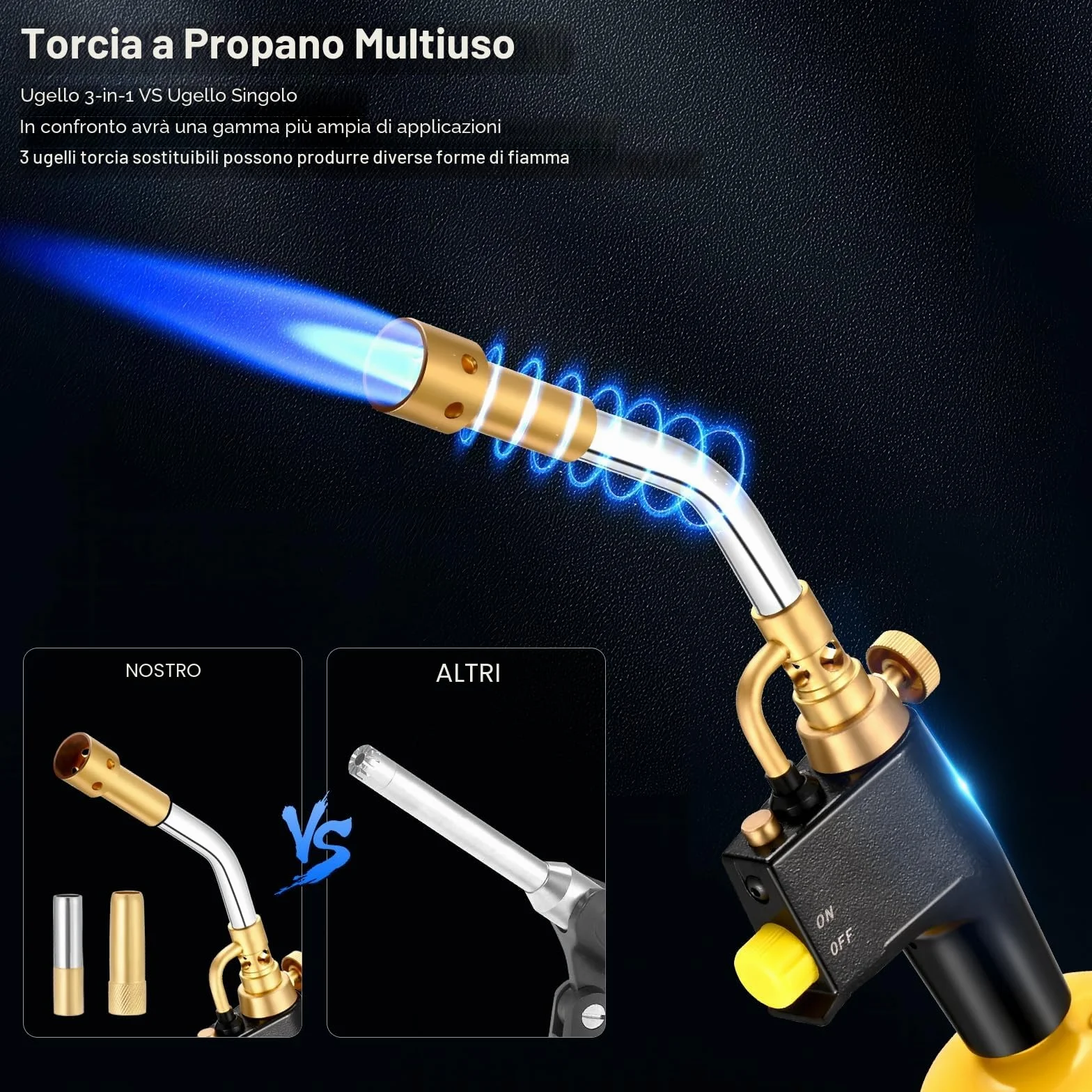 Kit torcia a propano GJ-8000 MAPP con autoaccensione, manopola in ottone e 3 ugelli CGA600