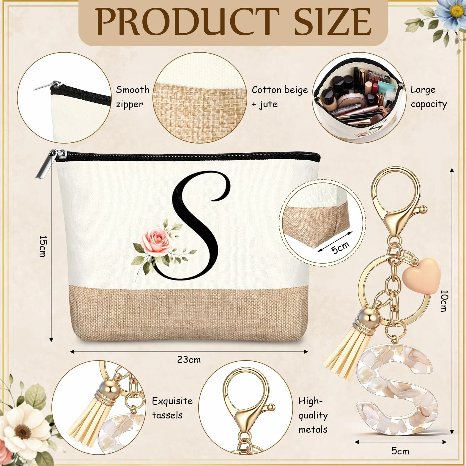 Hestya Trousse per Trucco con Lettera Iniziale Personalizzata Beauty Сase da Viaggio in Iuta con Portachiavi per Donna Matrimonio Compleanno Spiaggia Sorella Mamma Insegnanti Infermiere(S)