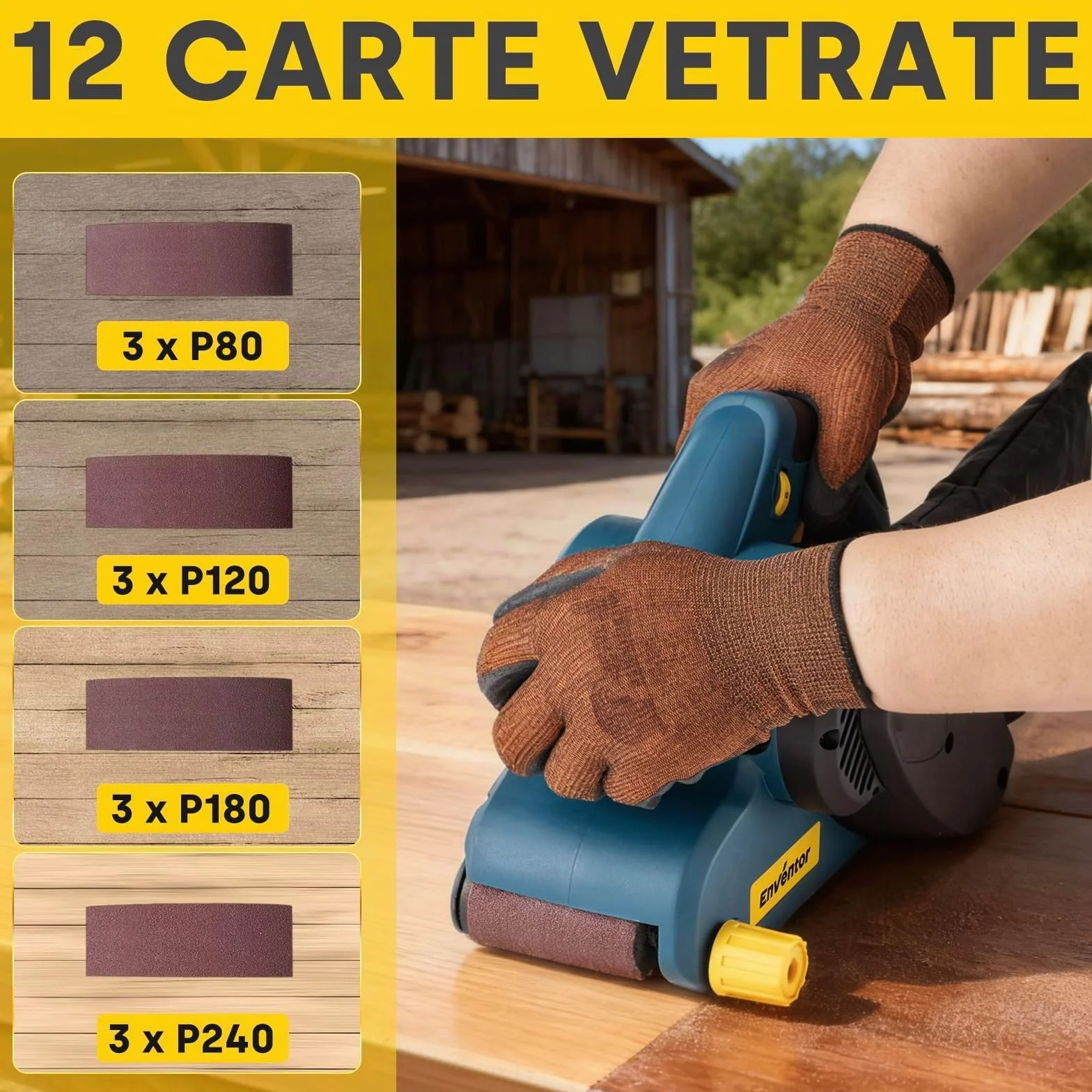 Enventor Levigatrice a Nastro 950W 6 Velocità 120-380m/min 12 Nastri Abrasivi 76 x 533mm Sacchetto Raccoglipolvere