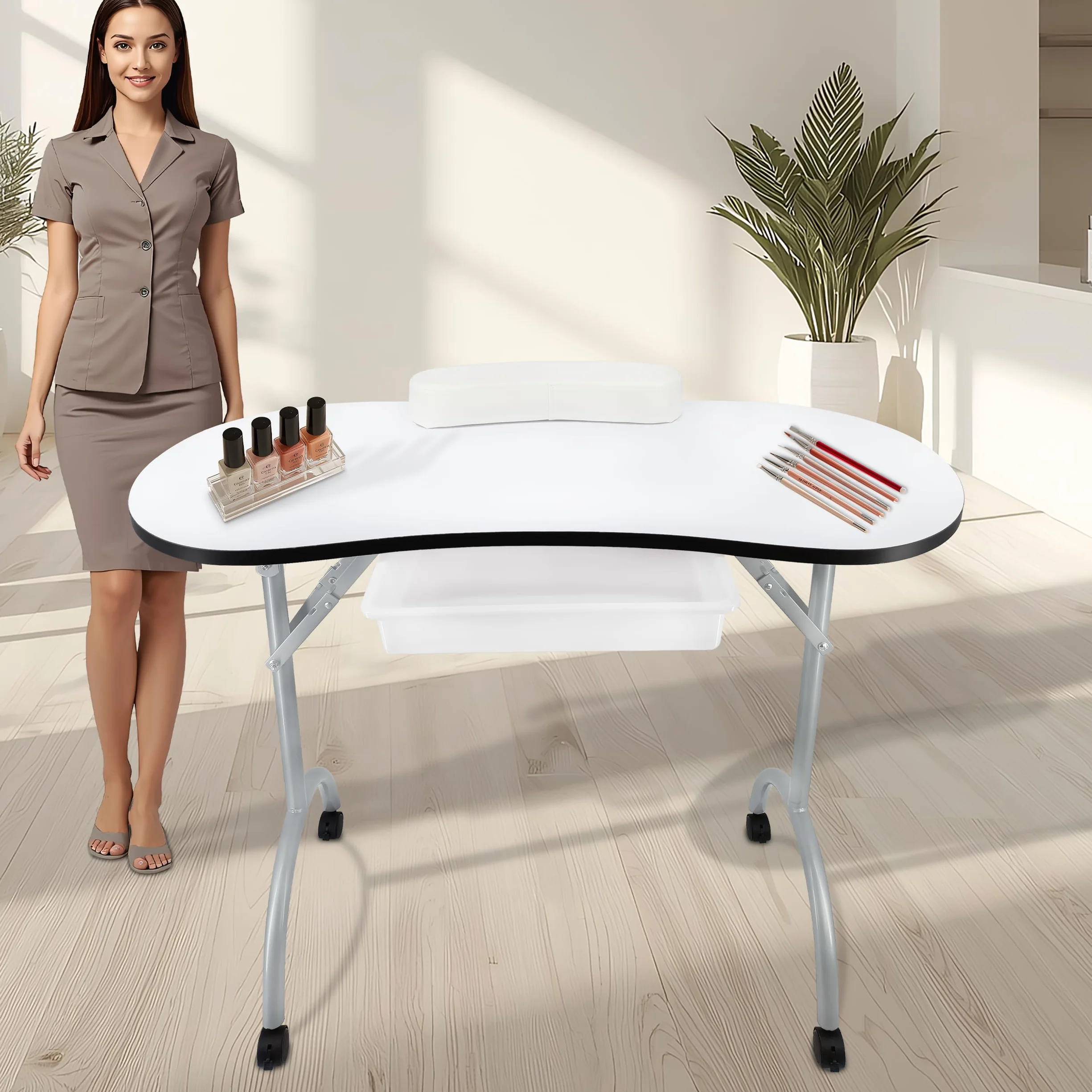 Beltom® Tavolo Manicure Professionale Pieghevole con CASSETTO, Cuscino POGGIA Polsi E Borsa PESA Solo 9,5 kg-Dimensioni 98x44x77 CM-RICOSTRUZIONE Unghie Estetista Nail Art ONICOTECNICA-Bianco
