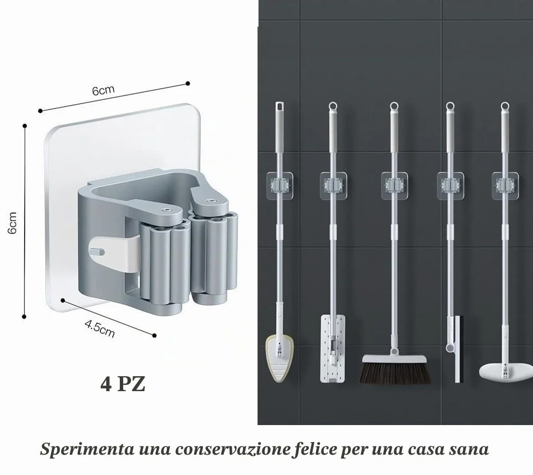 Portascope e Portaspazzole Muro Autoadesivo Plastica Supporto per Scopa da Appendere Ganci per Scope da Muro Adesivi Grigio
