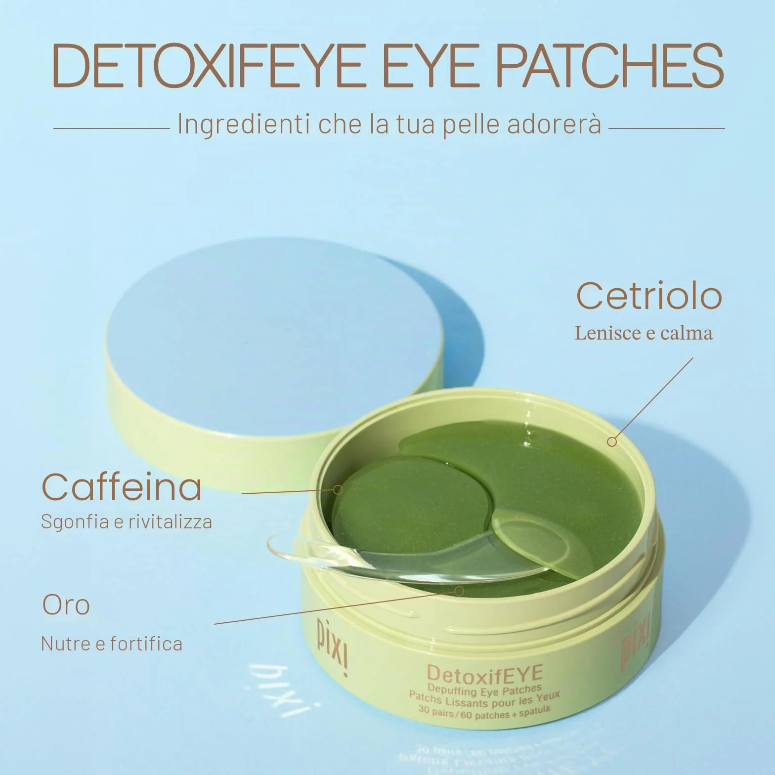 Pixi Detoxifeye Depuffing Hydrogel Under Eye Patches, Acido Ialuronico, Gold Caffeine Eye Patches per la zona sotto gli occhi, Idrata la zona degli occhi, 30 paia, 60 cerotti