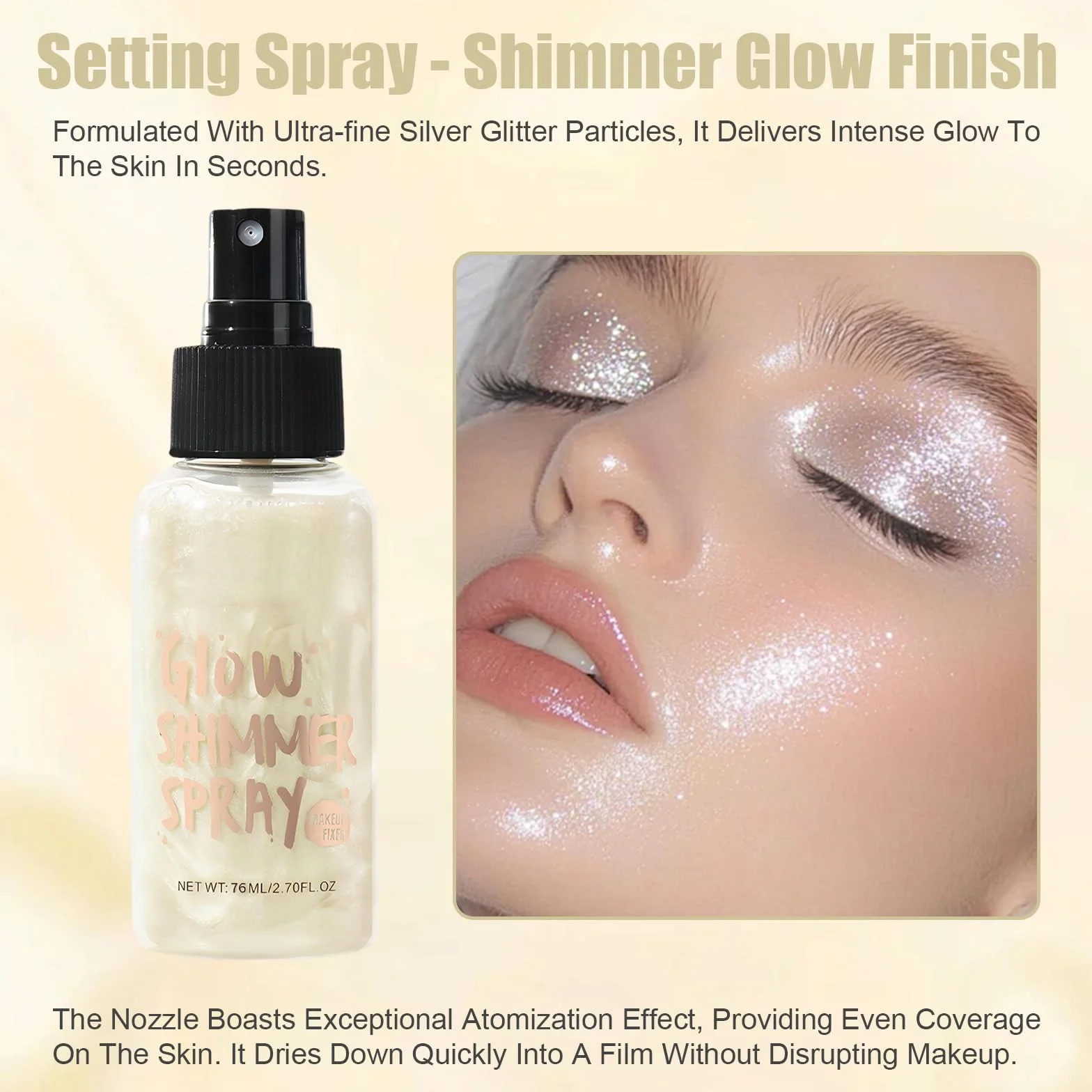 Spray glitterato da 80 ml, impermeabile, per il viso, per capelli e corpo, nebbia ultra fine, copertura uniforme, make up veloce e brillante (01 bianco perla)