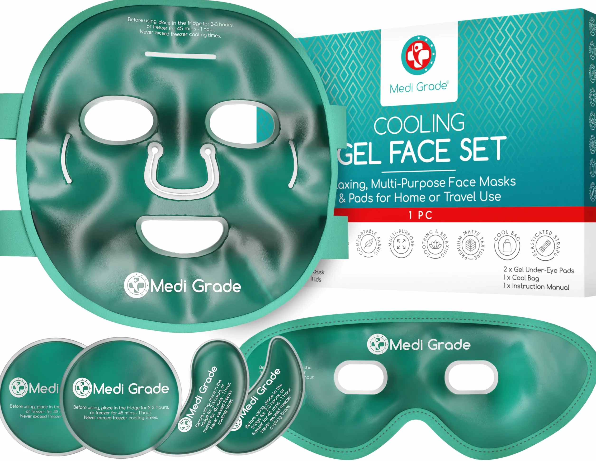 Maschera Viso e Occhi Rinfrescante – Gel a Tecnologia Medi Grade – Set Completo di Maschera per il Viso, Patch Occhi e Contorno Occhi, con Borsa – Rinfresca, Contro Gonfiore e Occhiaie