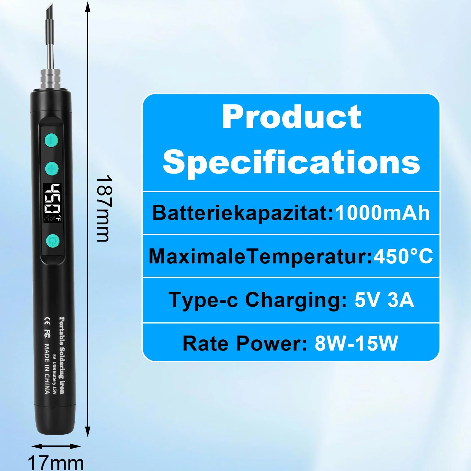 Kit di Saldatura Ricaricabile USB 180-450℃ Senza Fili con 3 Punte di Ricambio