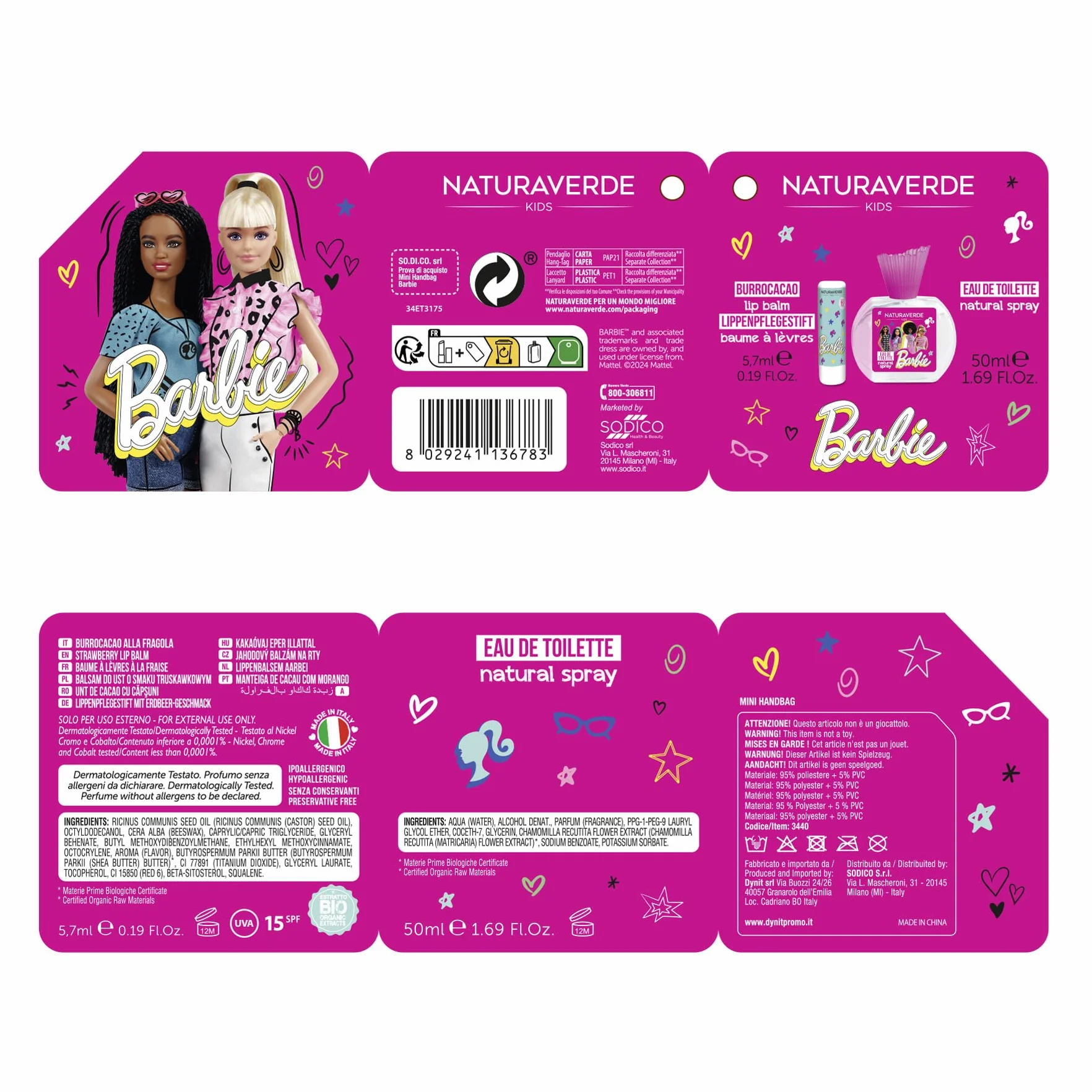 Naturaverde | Kids - Barbie Gift Set, Profumo 50 ml, Burrocacao alla Fragola 5,7 l & Borsetta Barbie