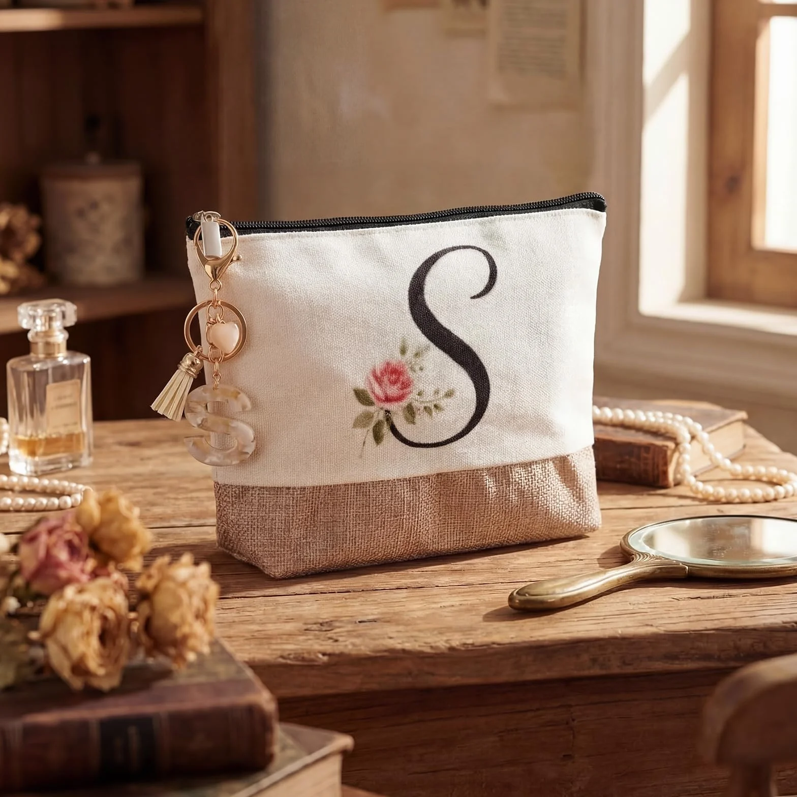 Hestya Trousse per Trucco con Lettera Iniziale Personalizzata Beauty Сase da Viaggio in Iuta con Portachiavi per Donna Matrimonio Compleanno Spiaggia Sorella Mamma Insegnanti Infermiere(S)