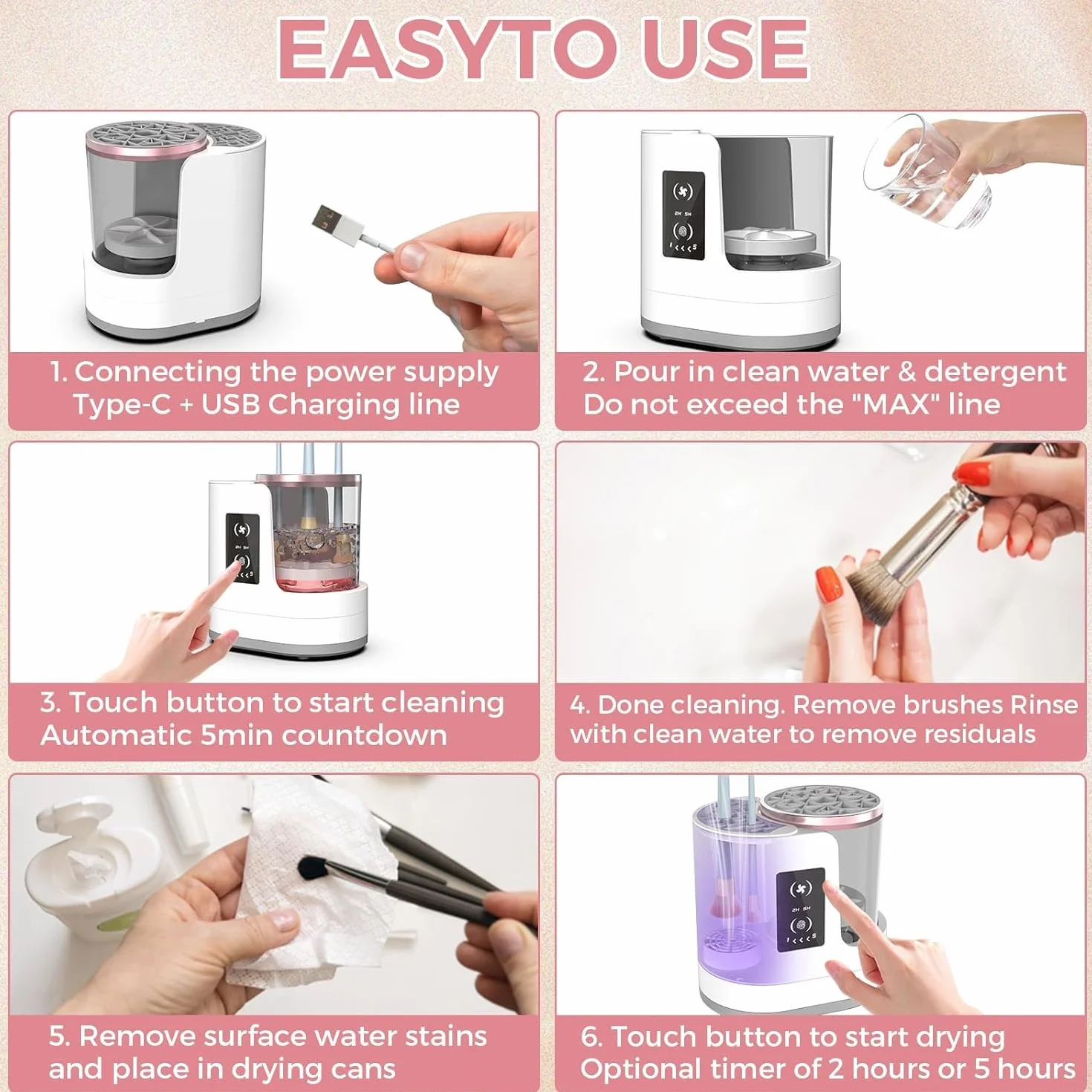 Pulisci Pennelli Make Up,Pulisci Pennelli Make Up Elettrico con Asciugatrice,Pulitore Pennelli Trucco Elettrico,3 in 1 Pulitore Pennelli Trucco Elettrico,Adatto a Tutti i Tipi di Pennelli Trucco