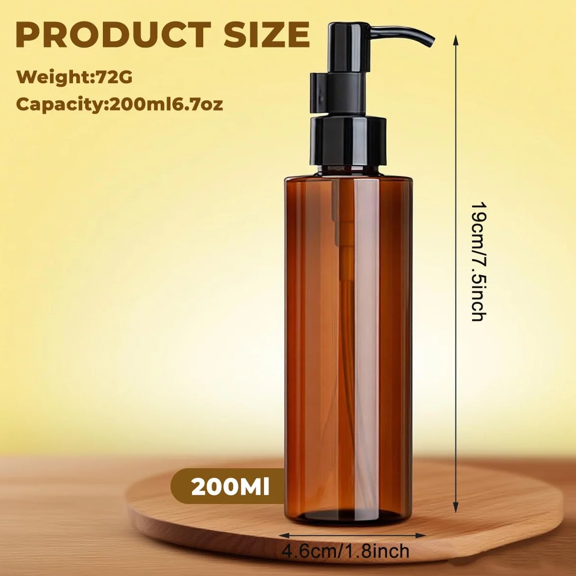 2 flaconi da 200 ml in plastica ambrata con pompa per lozioni con testa a pressione nera, vuoti, ricaricabili, contenitori per shampoo cosmetici, per olio di rimozione del trucco