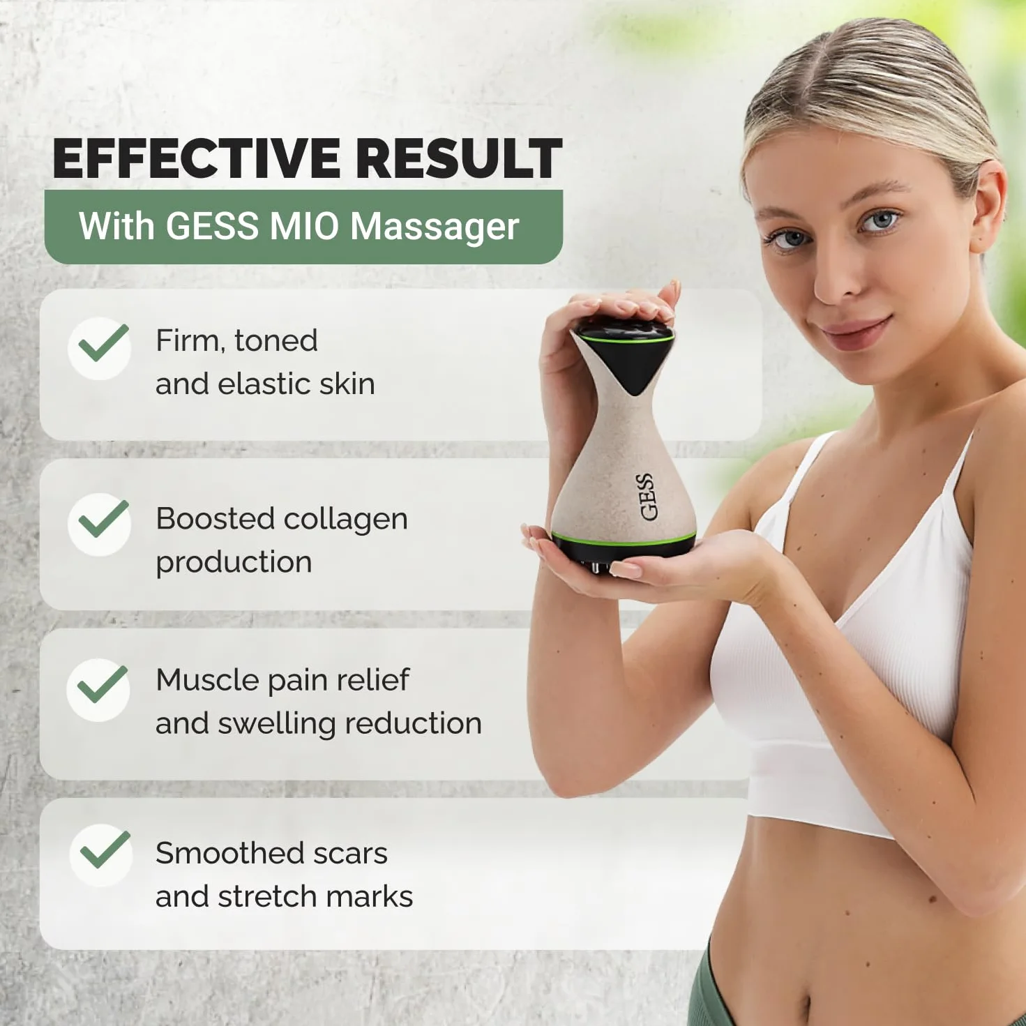 GESS MIO Massaggiatore EMS per Modellare e Tonificare Corpo - 9 Modalità di Intensità, Anti-Cellulite, Massaggio Vibrante per Gambe, Glutei, Collo e Detox