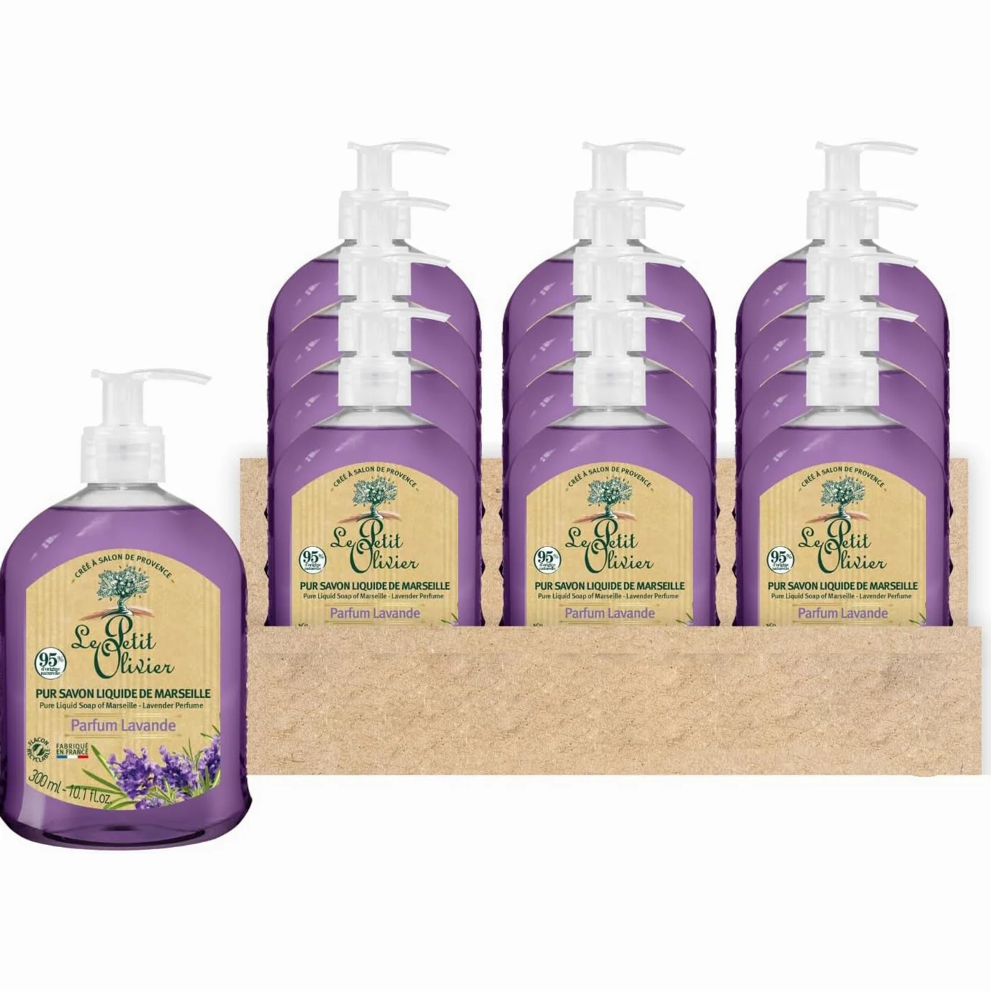 LE PETIT OLIVIER - Lotto di 12 - Puro sapone liquido di Marsiglia - Profumo di lavanda della regione grassa - Pulisce la pelle in morbidezza - 95% di origine naturale - Made in France - 300 ml