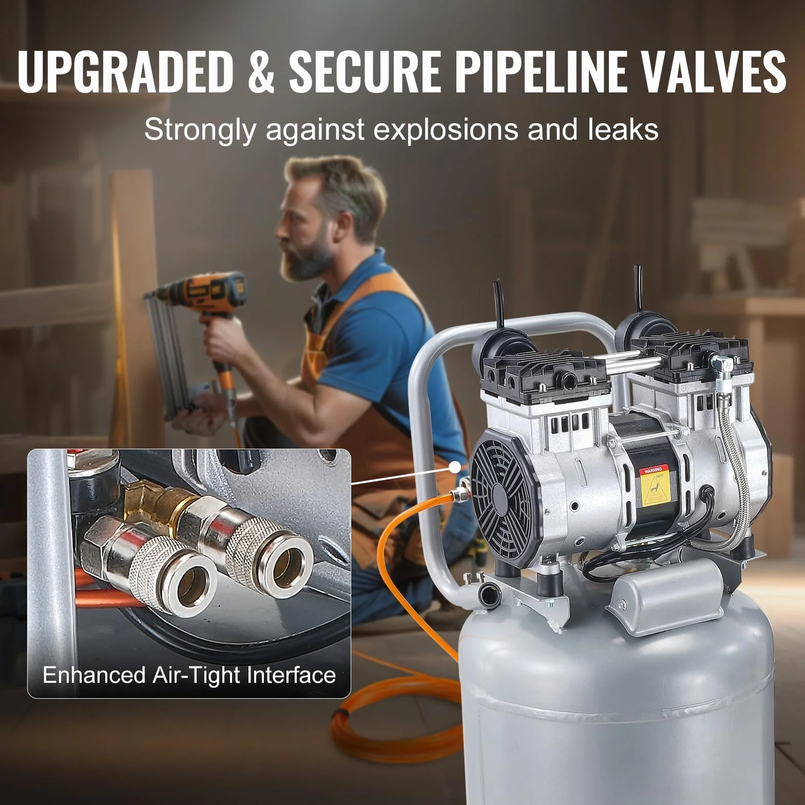 VEVOR Compressore d'Aria Senza Olio 13 Galloni 49 L Serbatoio 2 CV