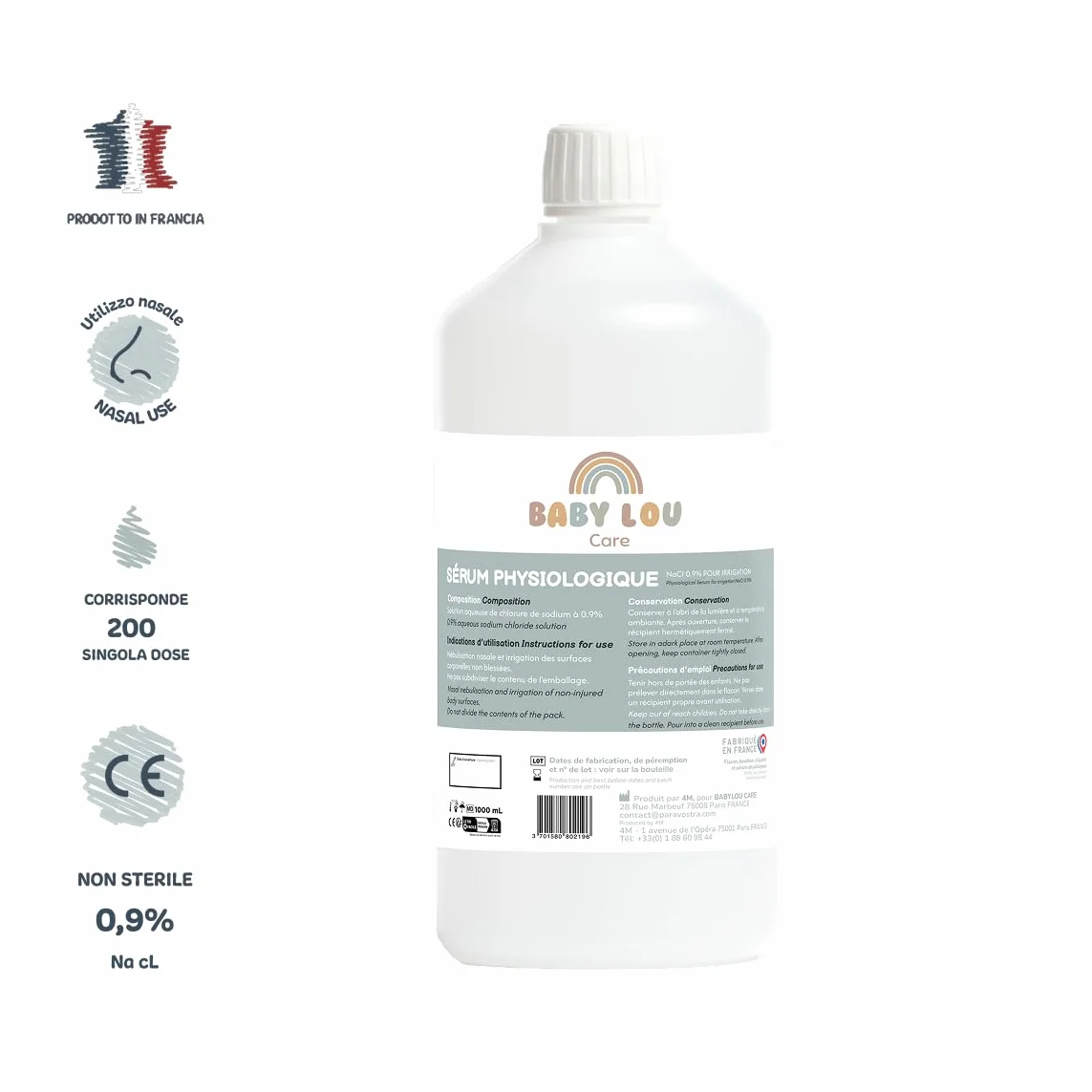 Siero Fisiologico flacone 2x1L | NaCl 0,9% | Fabbricato in Francia | Lavaggio delle fosse nasali | Igiene del naso | Per irrigazione esterna