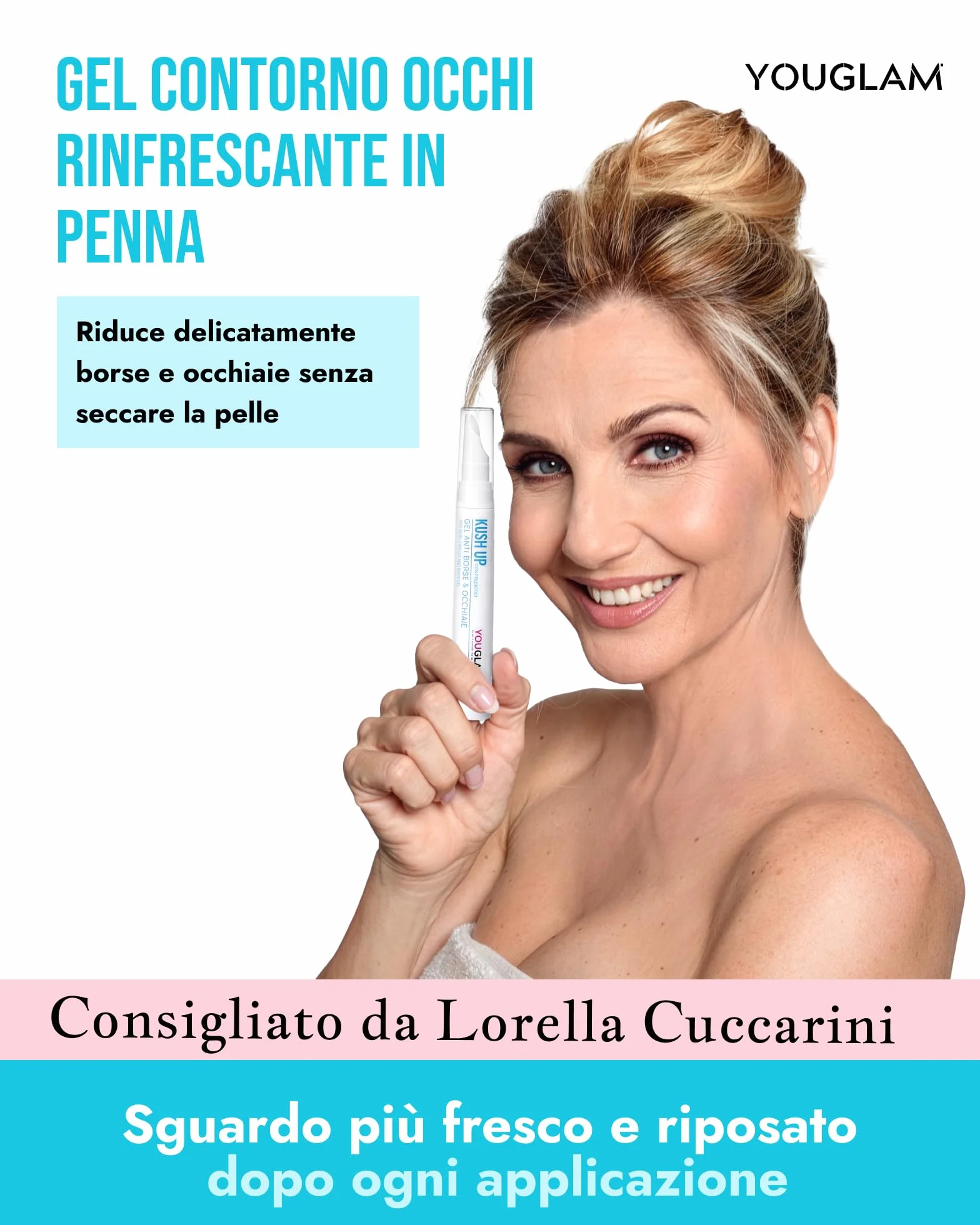 YOUGLAM Kush Up Azzurra – Contorno Occhi Crema Gel con Caffeina, Acido Ialuronico – Occhiaie, Borse – Idratante Rinfrescante Illuminante – Eye Cream 30 ml