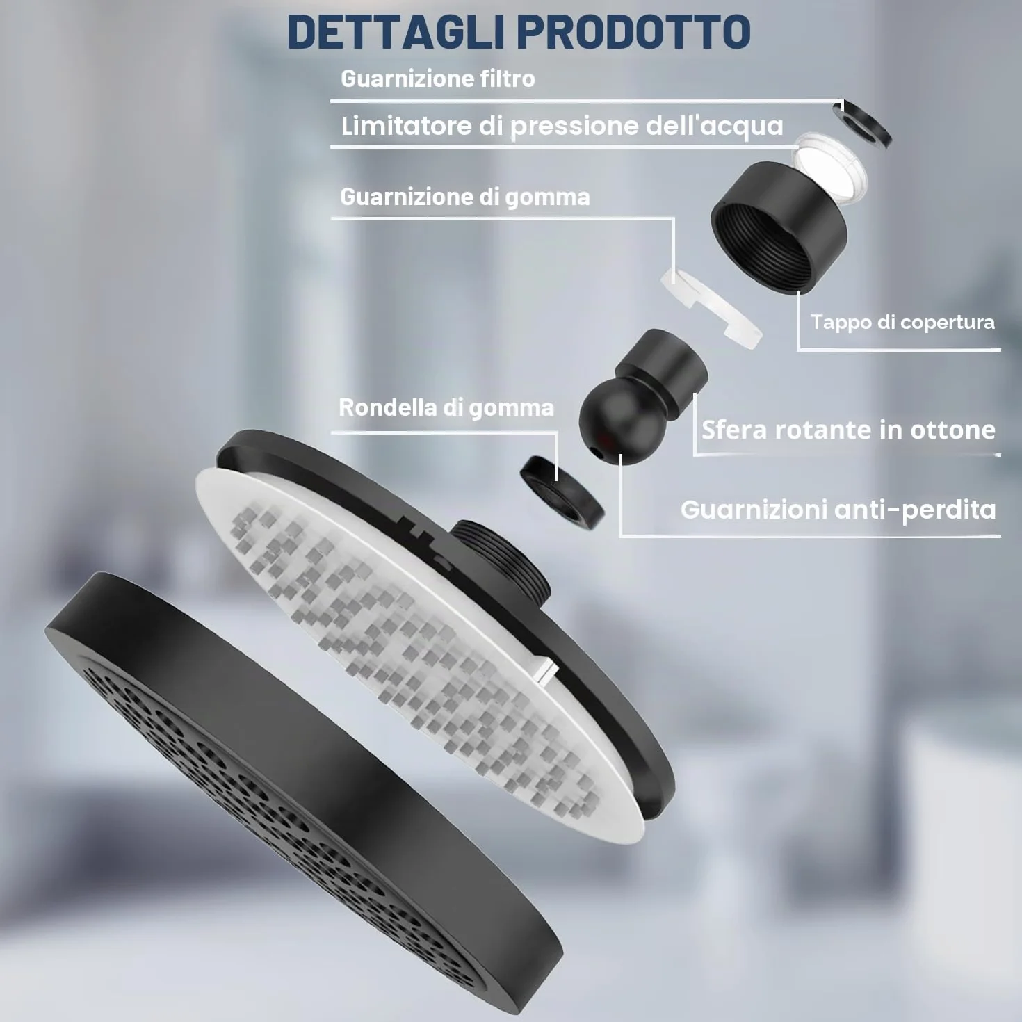 Soffione Doccia Anticalcare Fisso Pioggia Rotondo Regolabile 360° Pulizia Automatica Negro