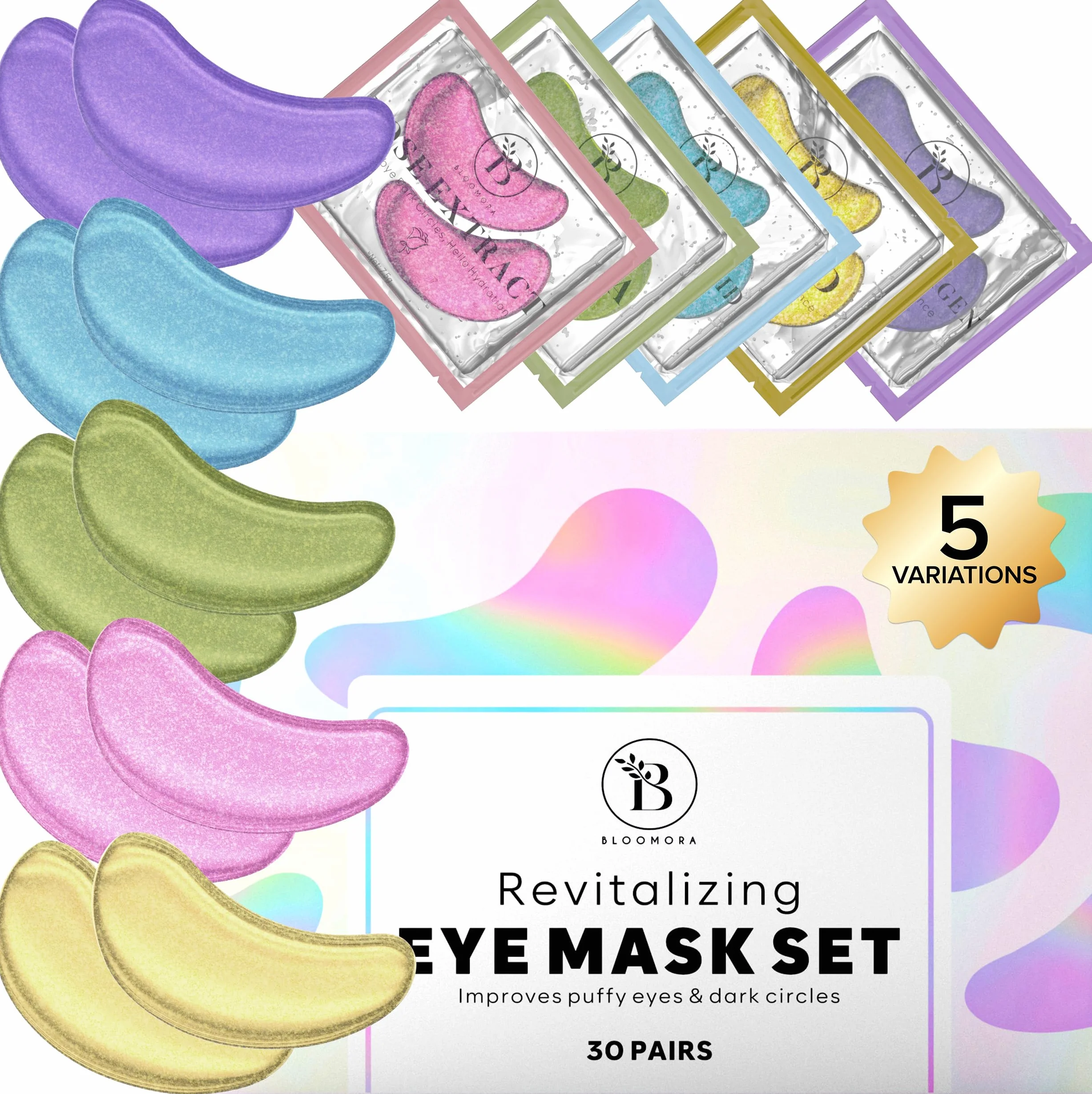 BLOOMORA Patch Occhi (30 paia, mix varietà) - Maschera Occhi con Niacinamide e Acido ialuronico - Eye Patch - Maschera Occhiaie - Maschera Contorno Occhi - Patch Occhiaie e Borse