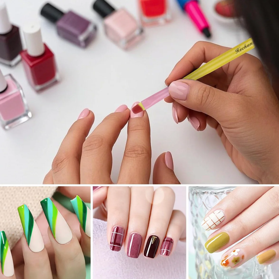 Pennelli per Unghie, Hechunzi 7 Pezzi Pennello per Gel Estensione Unghie Nail Art UV Gel Pittura Strumento per Decorazioni Unghie Painting Detailing Salone Casa Manicure DIY (Giallo)