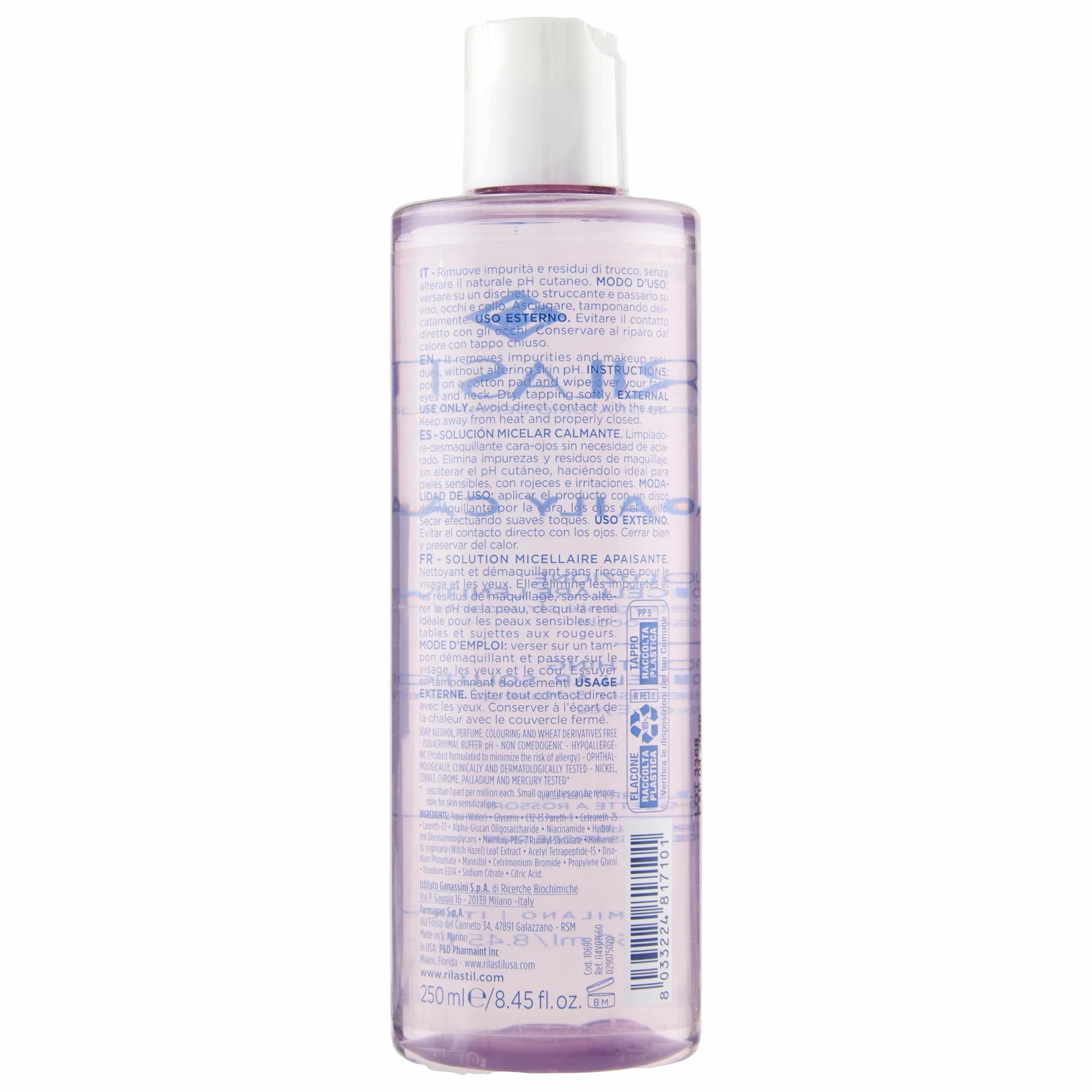 Rilastil Daily Care Soluzione Micellare Lenitiva, Detergente Struccante Viso Occhi senza Risciacquo per Pelli Sensibili e Reattive, Confezione da 250 ml