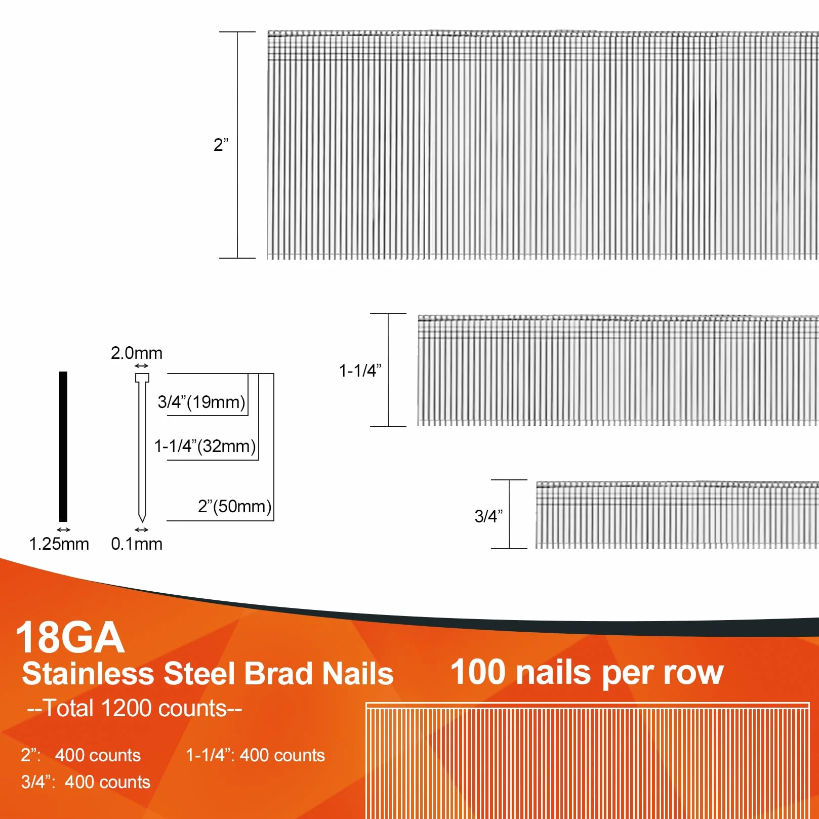 PINOZE Chiodi senza testa in acciaio inox calibro 18, 1200 pezzi, 5,1 cm, 1-1/4", 3/4", in acciaio inossidabile 304