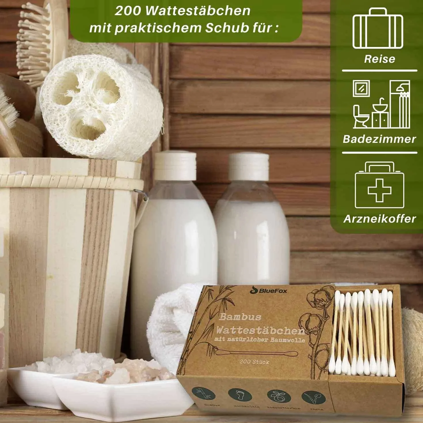 BlueFox Bastoncini di cotone di bambù senza plastica, 800 pezzi, vegani, Q tips sostenibili con cotone, compostabili, biodegradabili, qtips, cotton bud, colore: naturale
