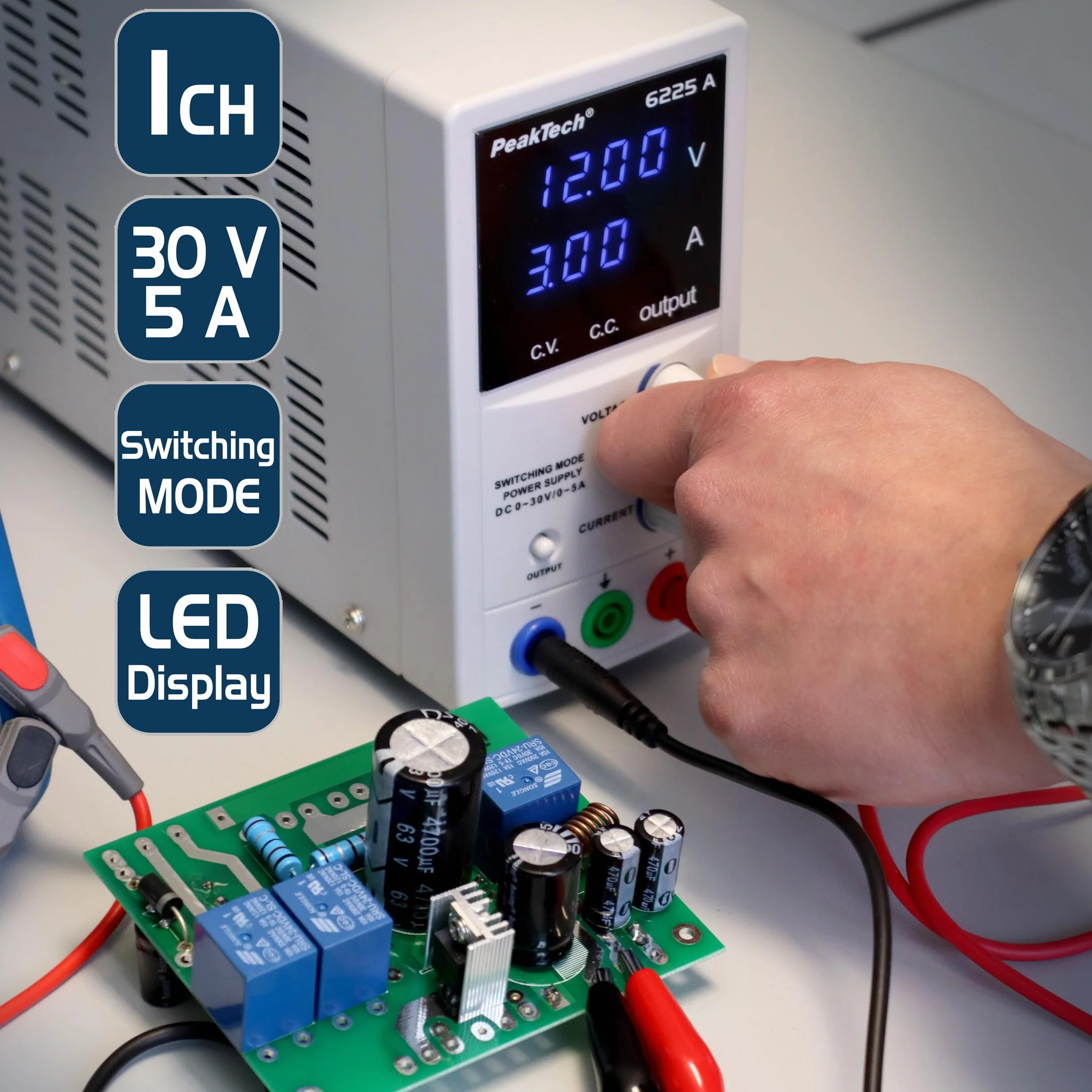 Peaktech P 6226 Alimentatore da Laboratorio DC 0-30V 0-10A Display LED Blu Regolabile