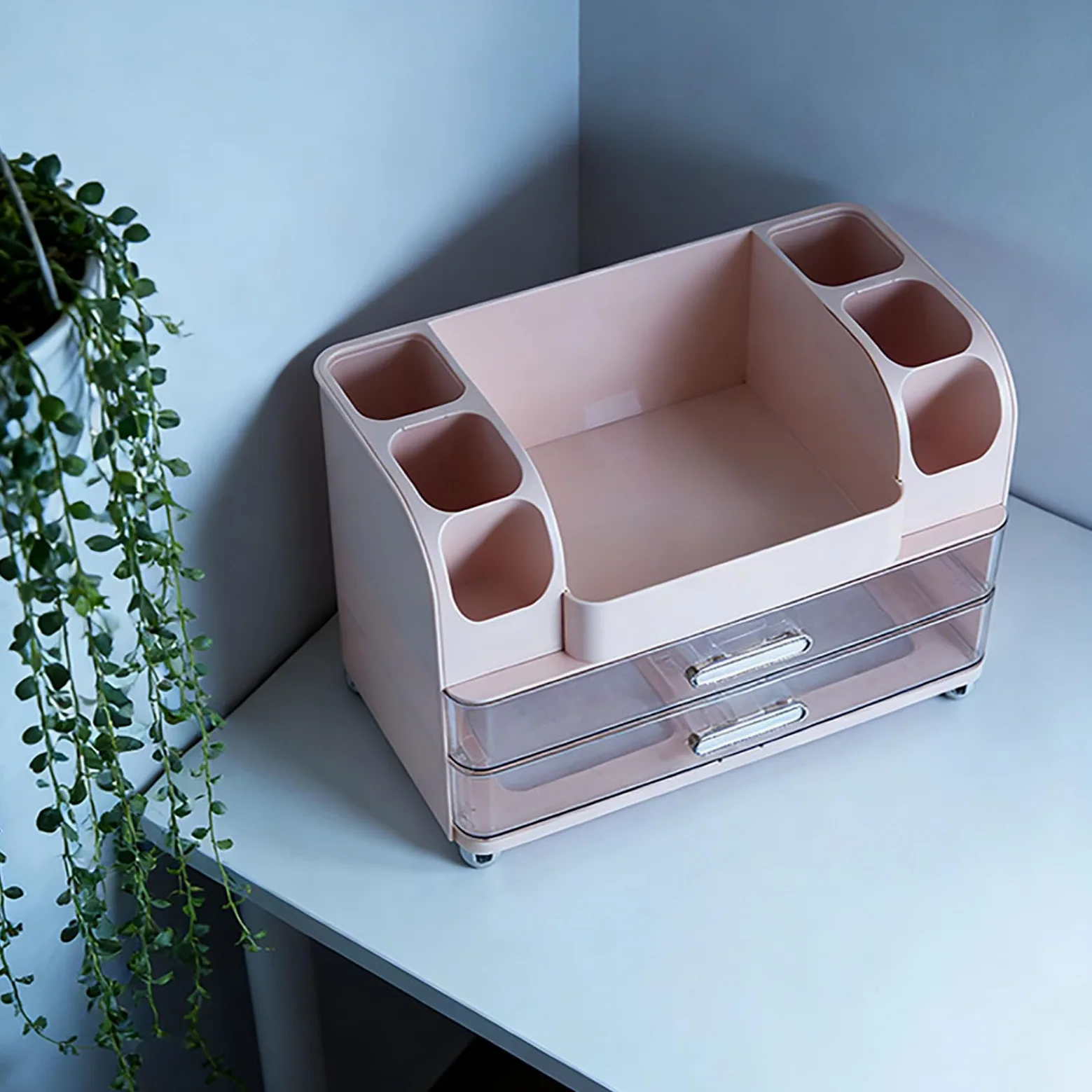 banapoy Organizer per Trucco, Vetrina Cosmetica Impermeabile di Grande capacità, Organizer da Appoggio con Cassetti e Scomparti per Pennelli per Trucco Rossetto Cura della Pelle (Roseo)