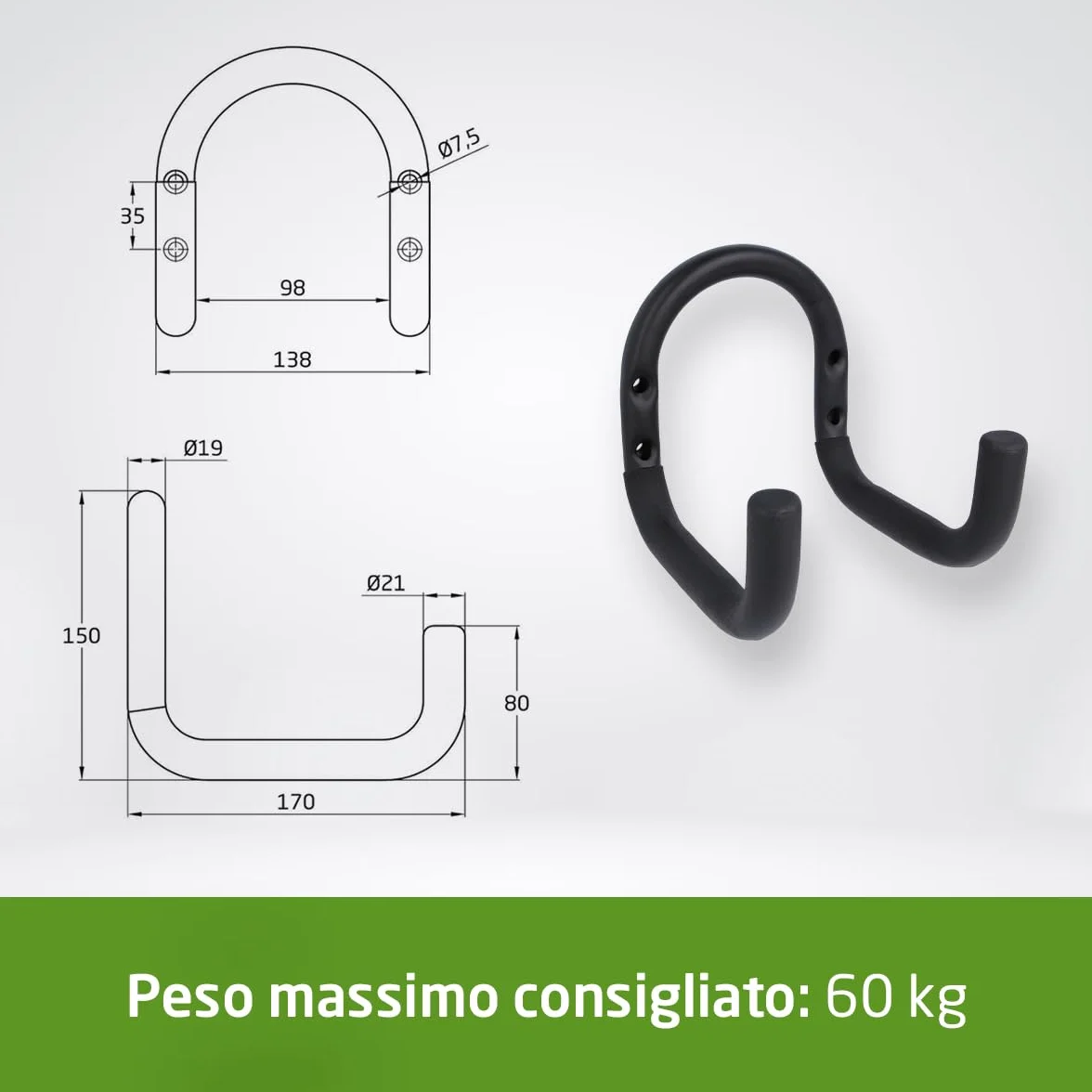 Amig Ganci Appendere Strumenti Supporto Parete Acciaio Zincato Rivestimento Gomma Antiscivolo Capacità Carico 60kg