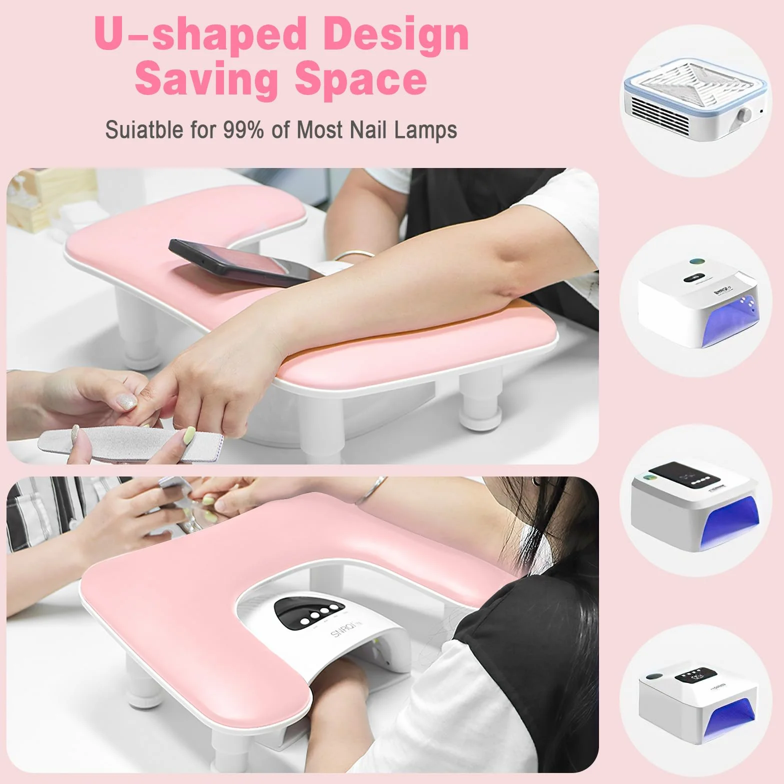 Bracciolo a forma di U per manicure e nail art, con regolazione in altezza, antiscivolo, in pelle PU, per manicure e nail art (rosa)