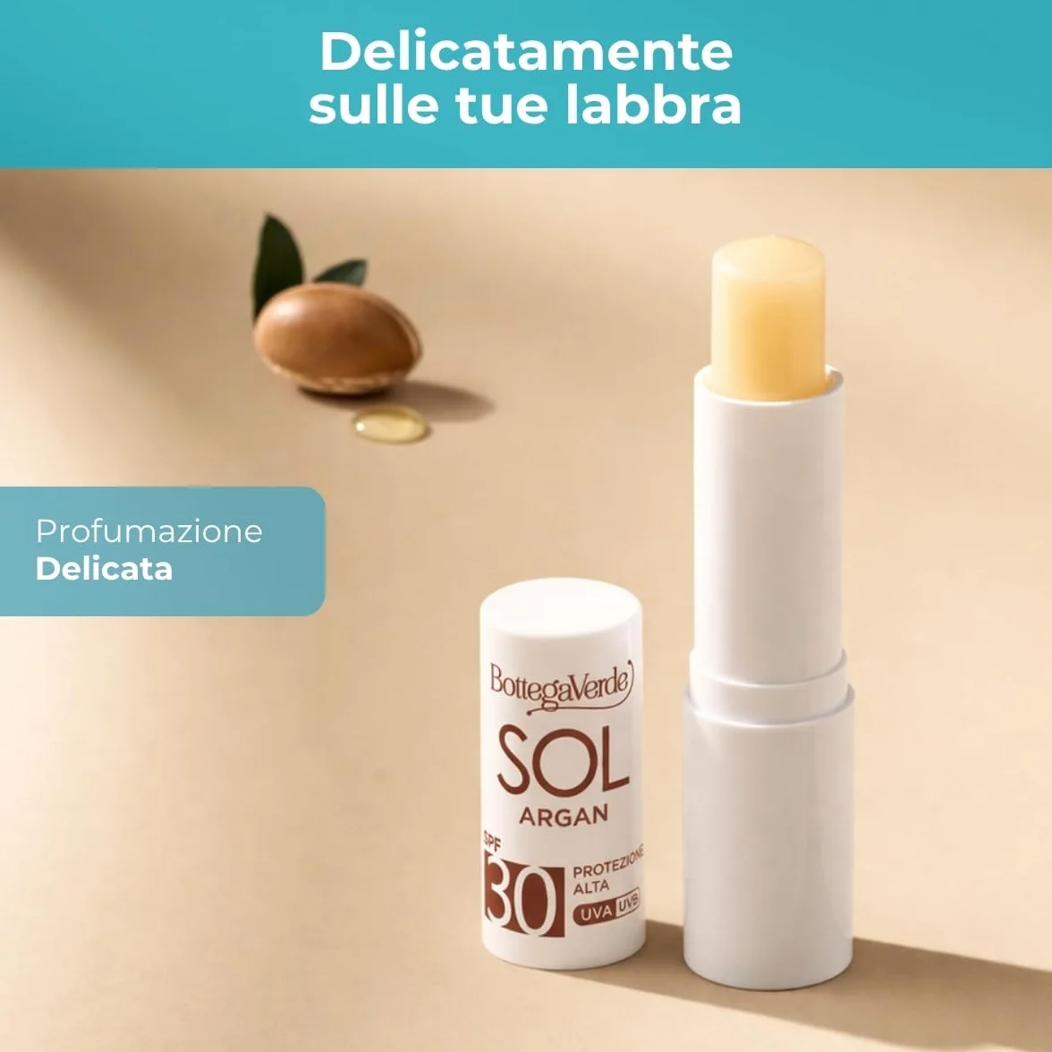 Bottega Verde - Sol Argan, Stick Labbra Solare, 5,5 ml, SPF 30, Arricchito con Olio di Argan e Vitamina C, Nutre e Protegge, con Filtri Solari, Senza Siliconi, Profumo Delicato, Resistente all'Acqua