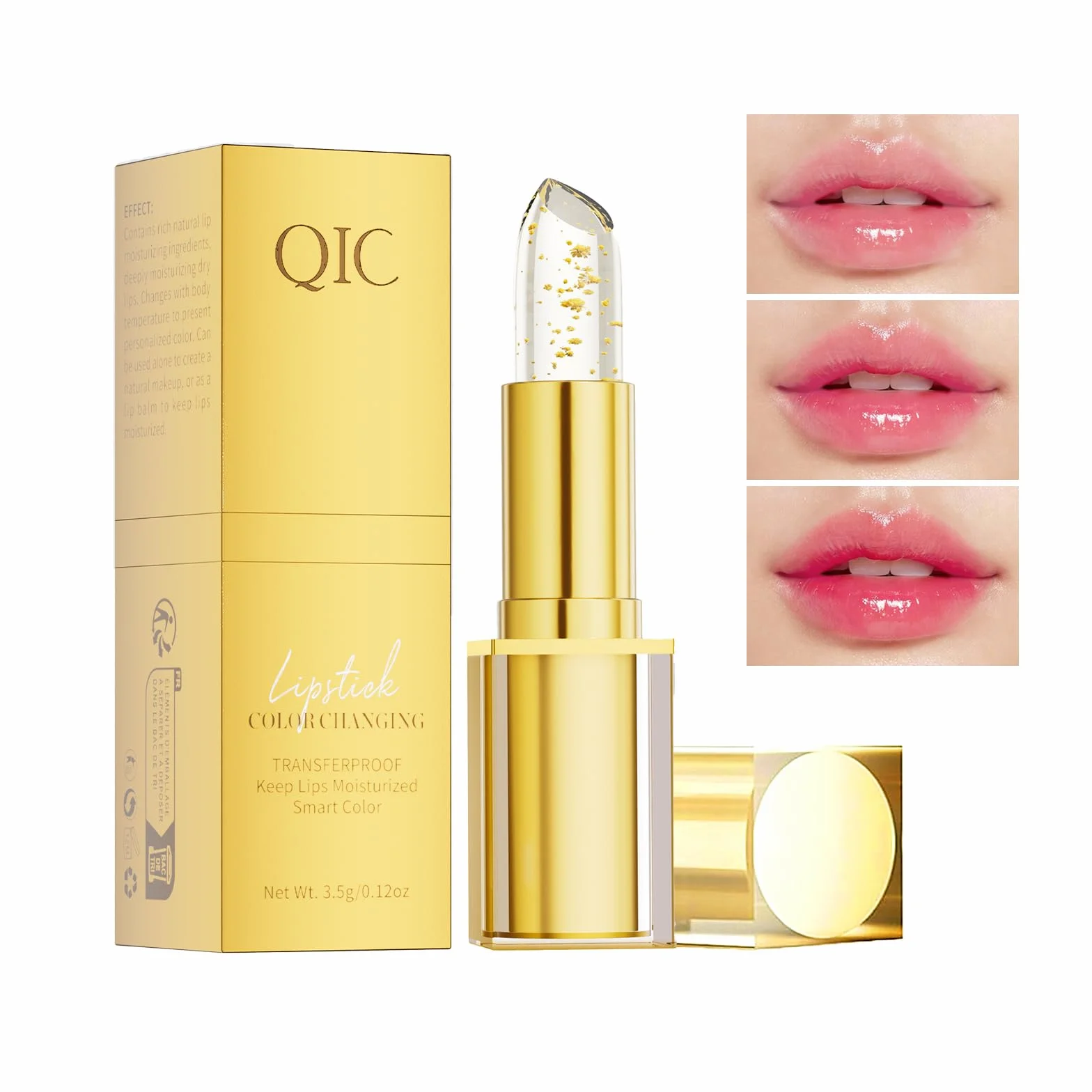 QIC Rossetto cambia colore PH, Burrocacao foglia d’oro trasparente, Cura delle labbra, burrocacao idratante, Color Changing Lipstick, PH Temperature Lip Balm