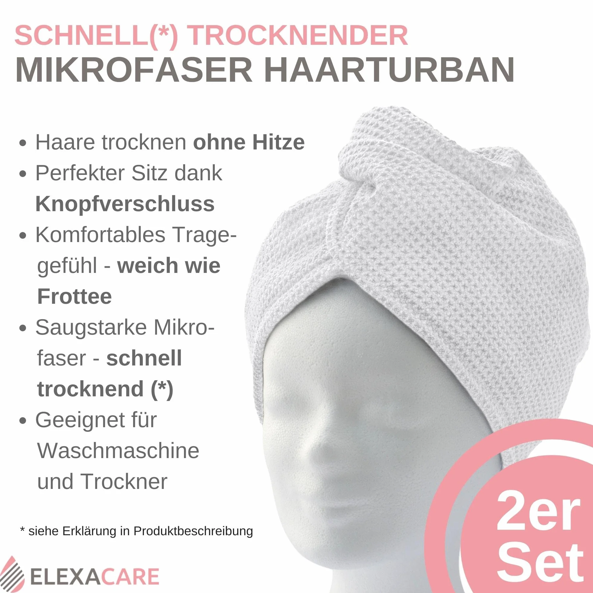 Turbante asciugacapelli, asciugacapelli in turbante con bottone (2 pezzi, bianco alpino), asciugamano in microfibra per testa e capelli lunghi