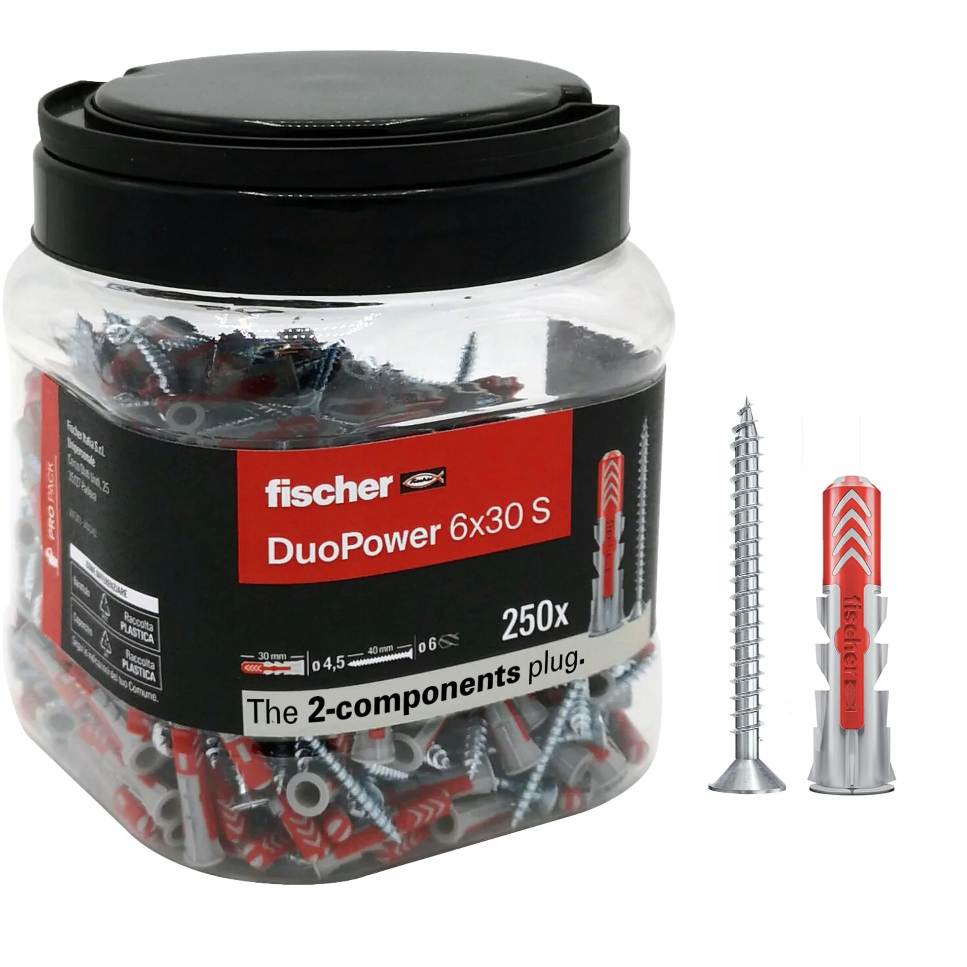 Fischer Propack Duopower 6x30 250 Tasselli con Vite in Barattolo Riutilizzabile per Fissaggio su Cemento Muratura Cartongesso