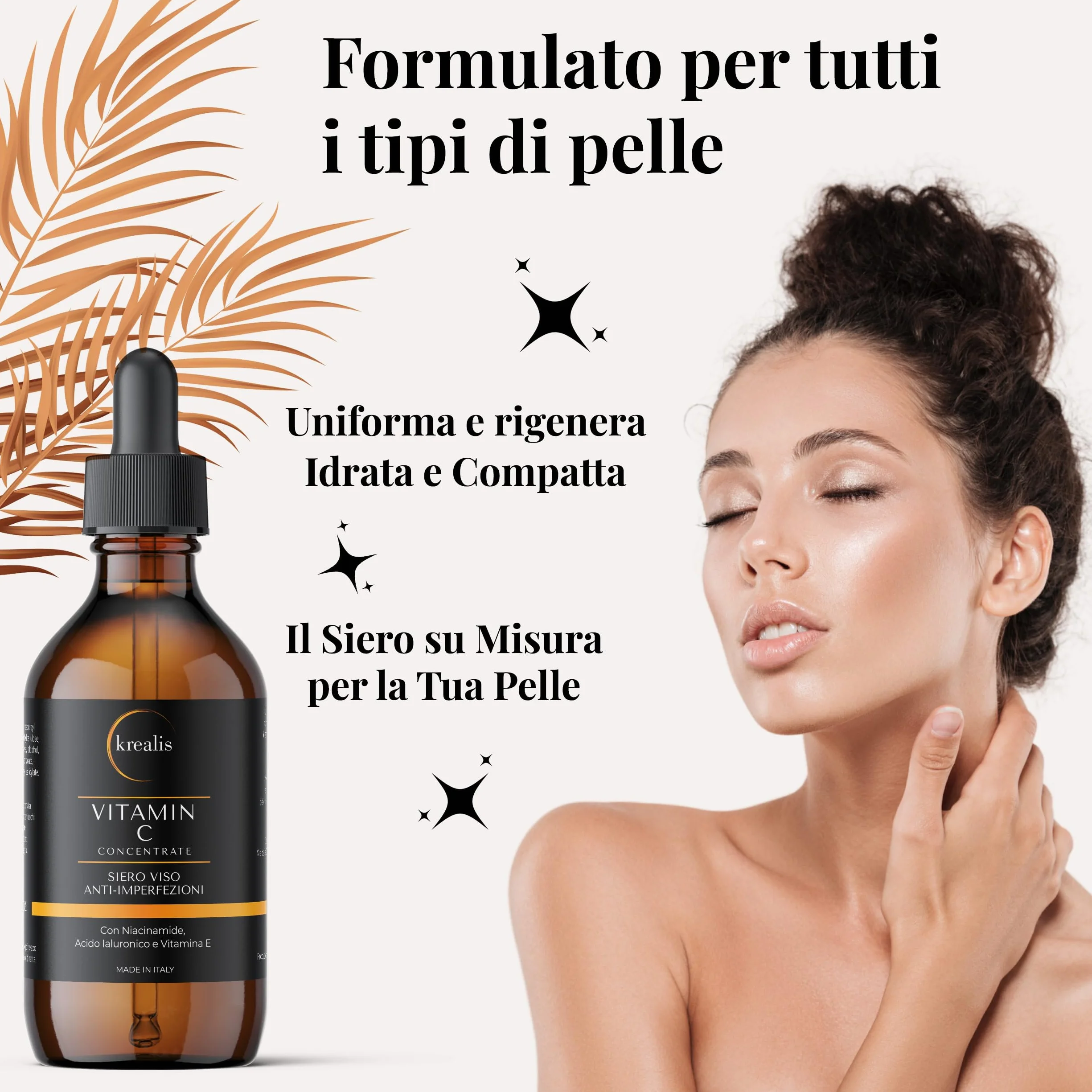 KREALIS •100ml• Siero Vitamina C Viso Acido Ialuronico con Niacinamide, Vitamina E, Aloe Bio, Antimacchia, Anti Imperfezioni, Siero Viso Contorno Occhi Antirughe E Occhiaie