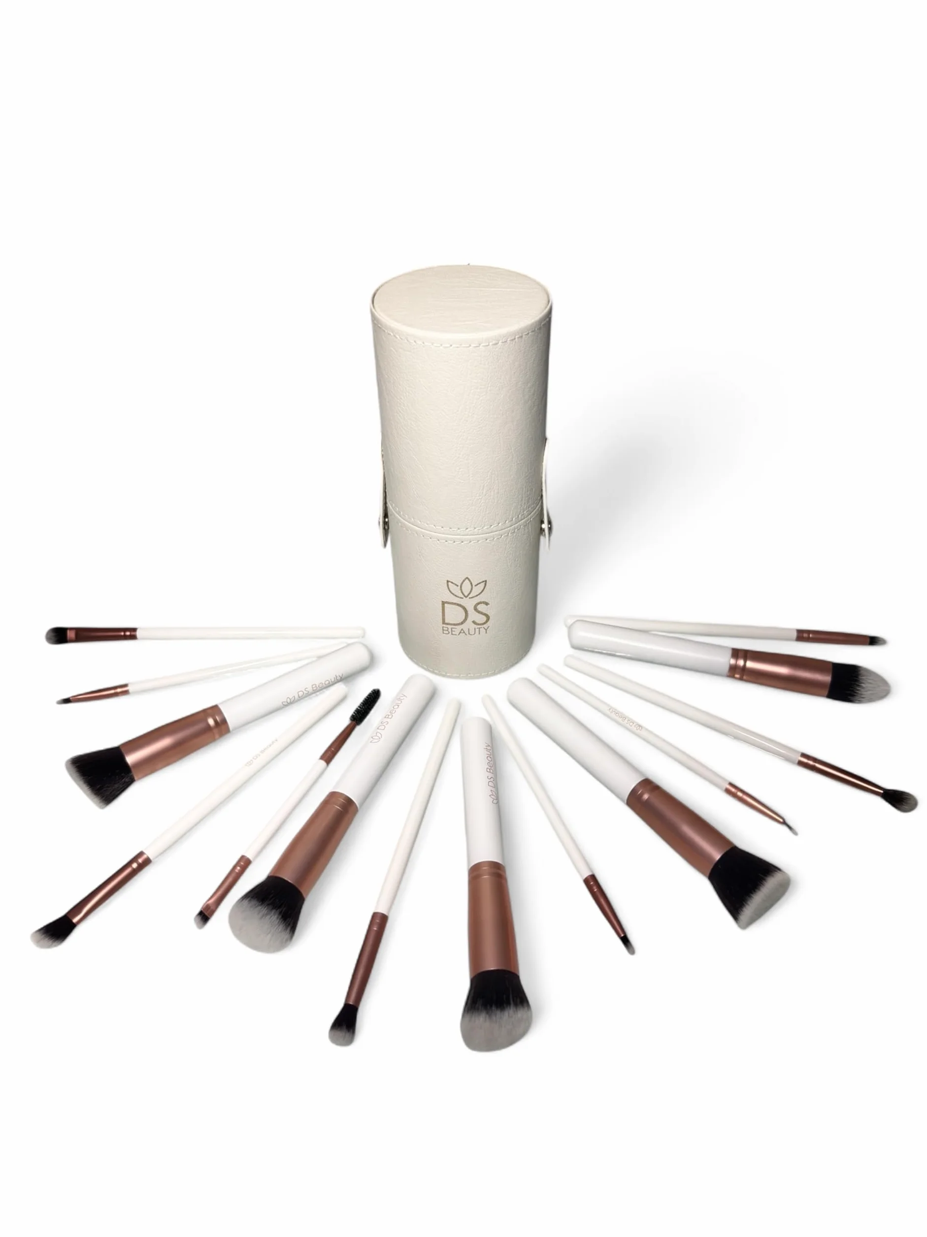 Set di 14 Pennelli Make Up Professionali - Morbidi, Ipoallergenici, per Fondotinta, Ombretti e Cipria in Custodia Elegante e Portatile a Tubo - Ideale per Principianti ed Esperti (Bianco)