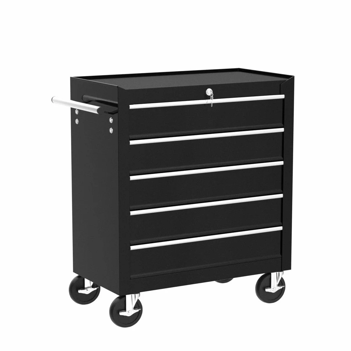 AREBOS carrello da officina a 5 scomparti con serratura centrale, ruote con freno, metallo massiccio, Nero