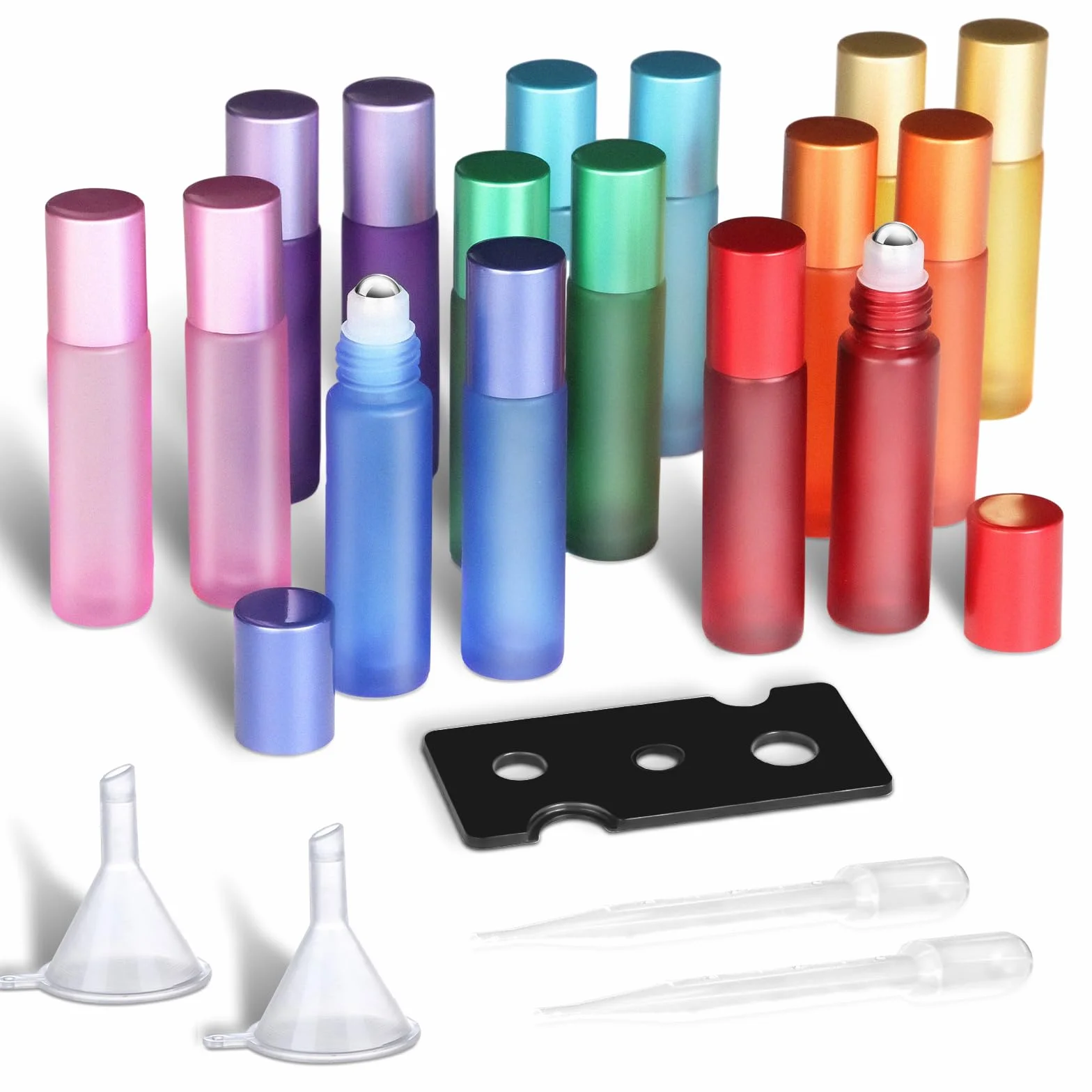POFIBO 16 Pcs 10 ml Bottiglie Flaconcini Vuoti per Oli Essenziali, flaconi roll-on in vetro satinato colorato con sfera avvolgibile in acciaio inossidabile,per Oli Essenziali, Aromaterapia, Fragranza