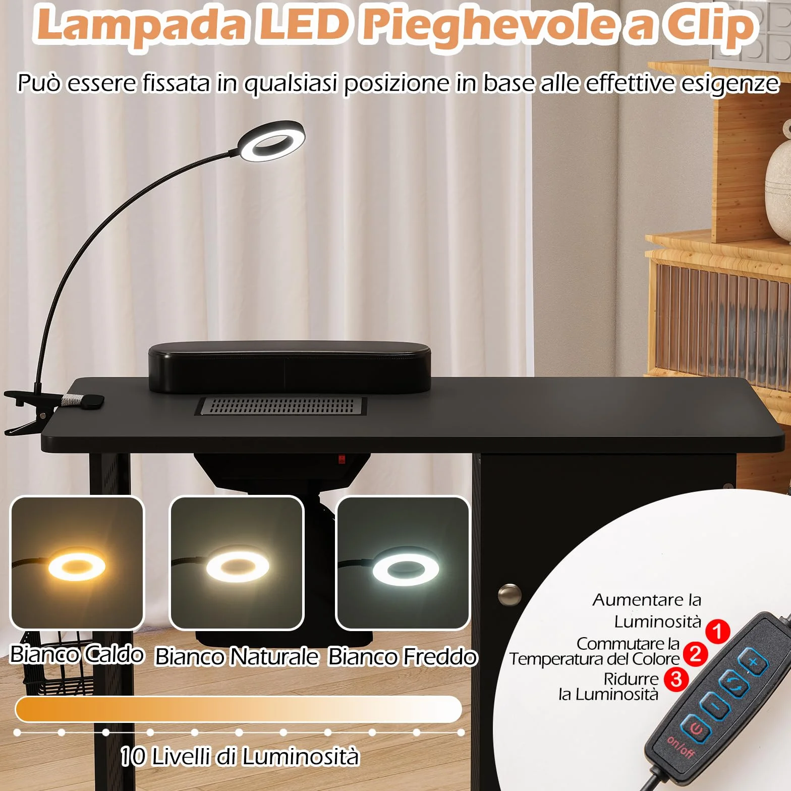 COSTWAY Tavolo Manicure con Aspiratore, Tavolo per Unghie con 6 Ruote Bloccabili, Sacchetti per Polvere, Armadio Chiudibile con 4 Vassoi, Poggiapolsi, Lampada LED e Cestino Metallico, 90x79x45cm