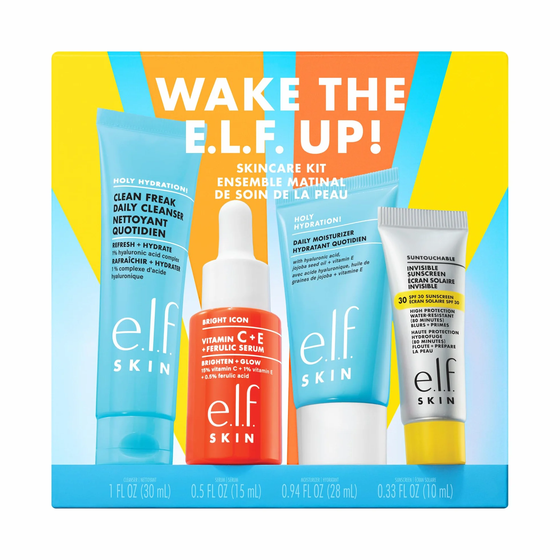 e.l.f. SKIN Wake the e.l.f. Up Skincare Kit, detergente viso idratante, protezione solare, idratante e siero illuminante in formato viaggio, prodotti vegani e non testati sugli animali