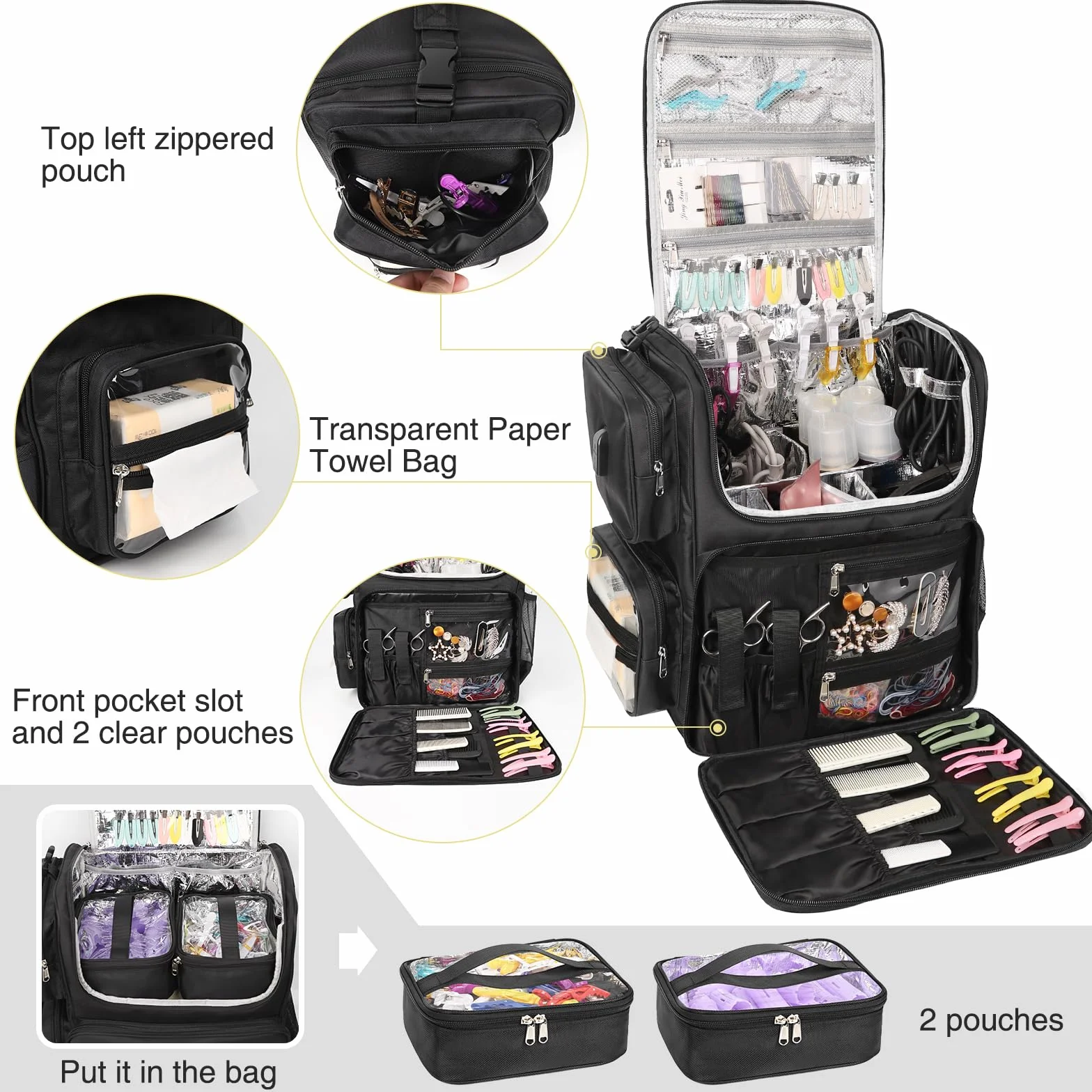 Relavel Hair Tools Borsa da parrucchiere, borsa per il trucco, isolamento termico, ferro arricciacapelli, accessori da viaggio, borsa da parrucchiere, borsa per cosmetici, zaino nero