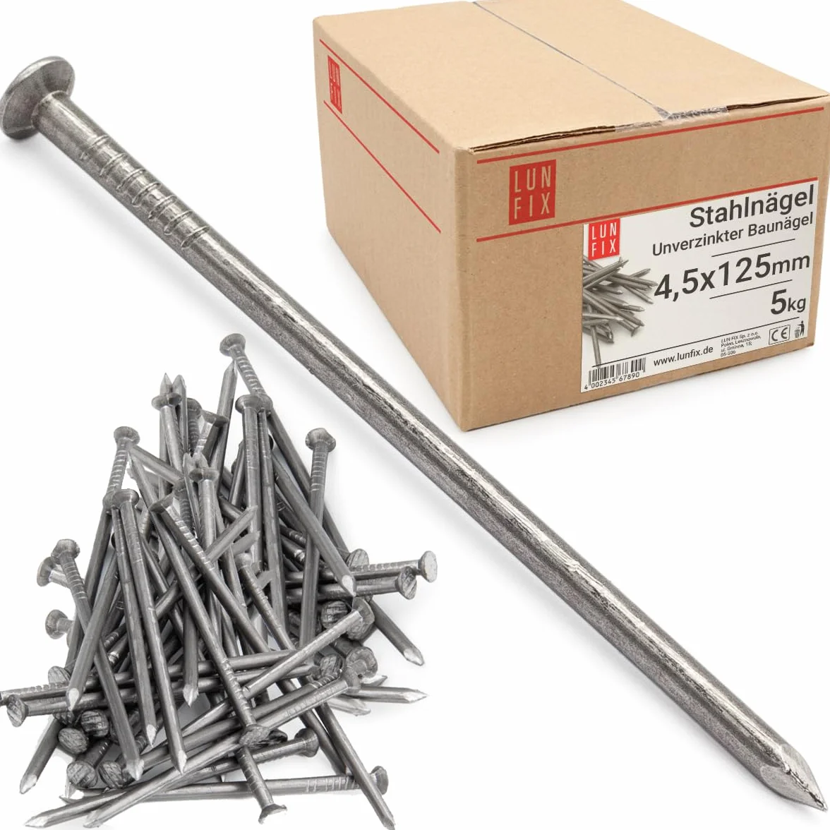 Chiodi in Acciaio Grezzo 4,5x125mm 5kg Lunghi e Resistenti per Legno e Muro, Testa Piana per Fissaggio e Costruzione, Chiodi da Carpentiere e Ferramenta, per Bricolage e Lavori Fai da Te, Lun Fix