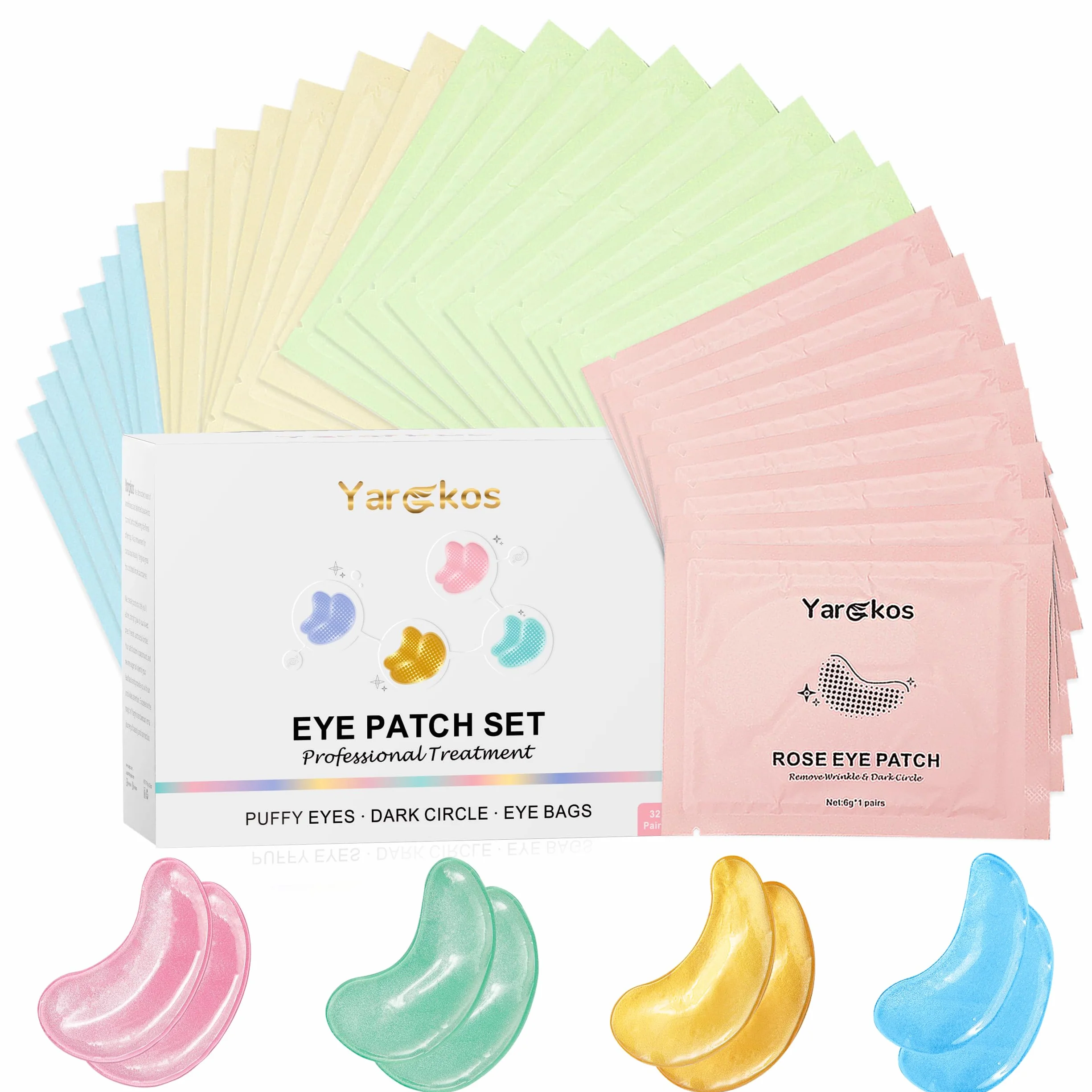 32 paia di cerotti oculari idratanti per occhiaie scure, cuscinetti anti-rughe, 32 set di gel viso per la cura dei viaggi (Oro 24 carati, blu, rosa, verde)