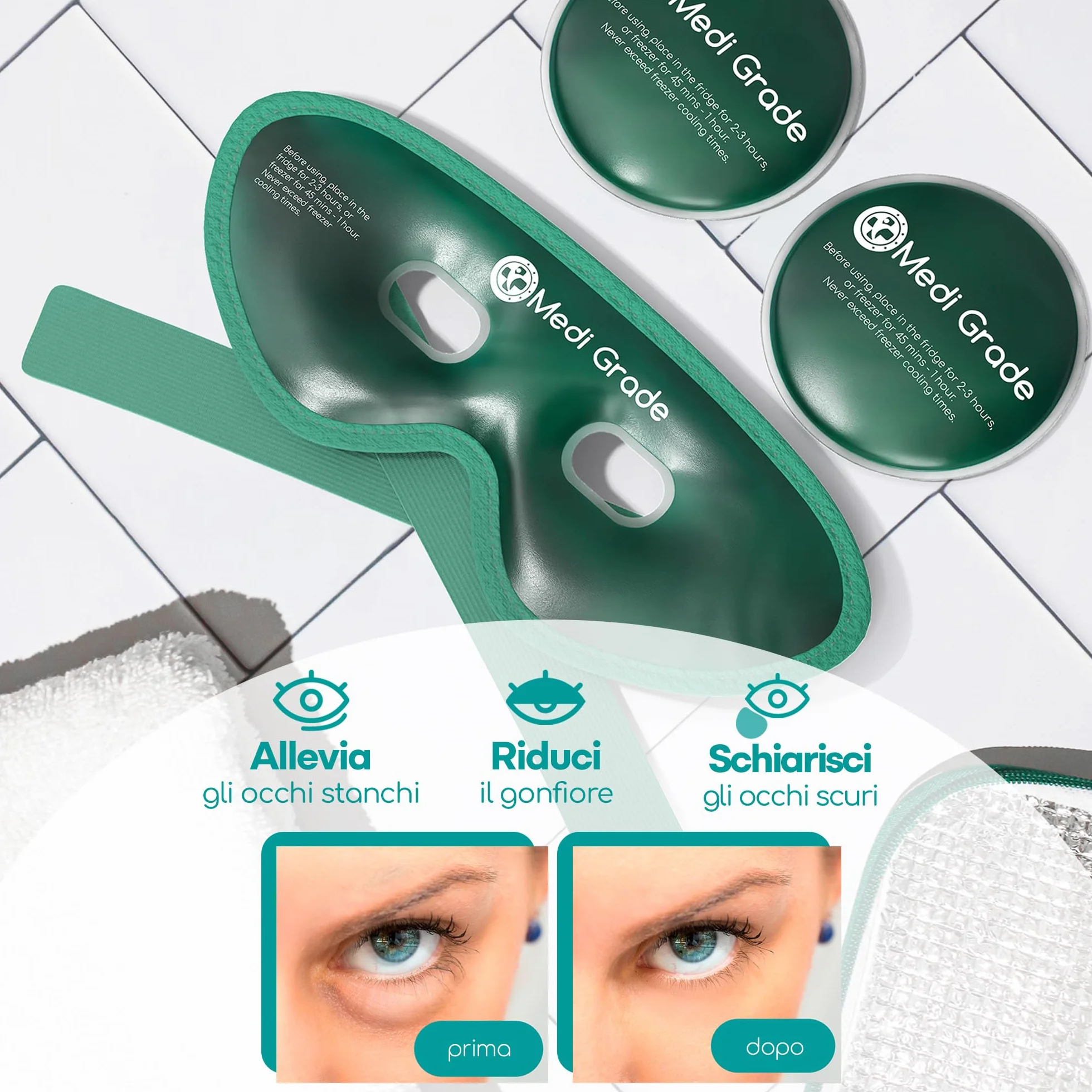 Medi Grade Maschera Occhi Gel Freddo - Riutilizzabile con 2 Cuscinetti Rinfrescanti, 1 tessuto Lycra e Borsa Termica - Mascherina Refrigerante con Strap Regolabili