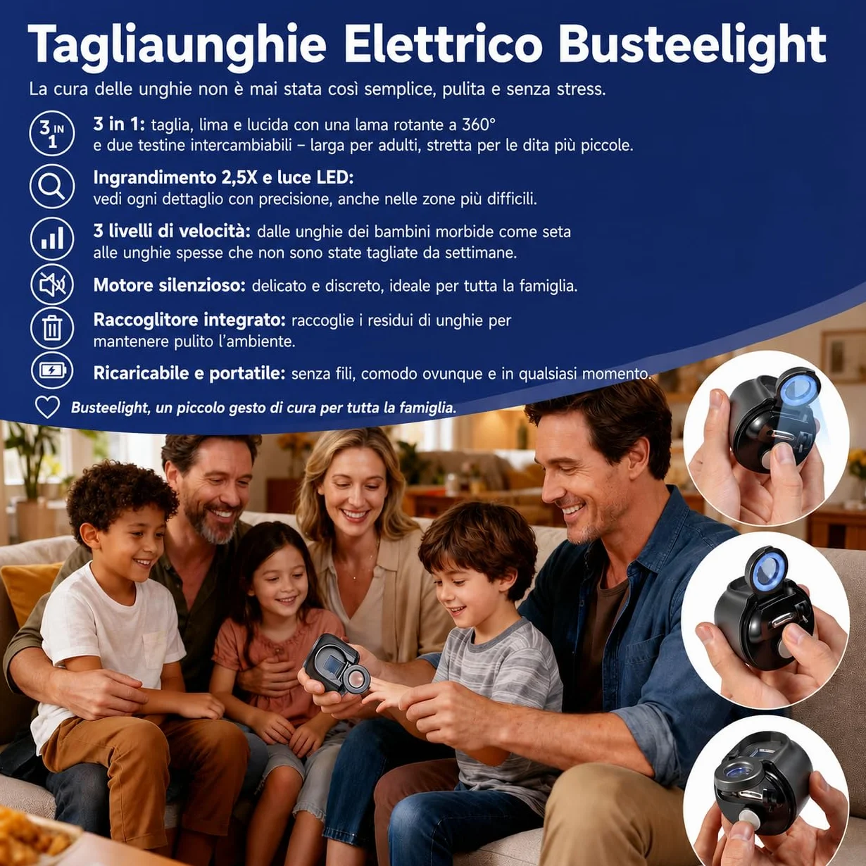 Tagliaunghie Elettrico Ricaricabile con Luce LED e Lente 2,5X – Lima Elettrica per Unghie 3 in 1 con Raccolta Residui, 2 Testine per Adulti e Anziani (Nero opaco)