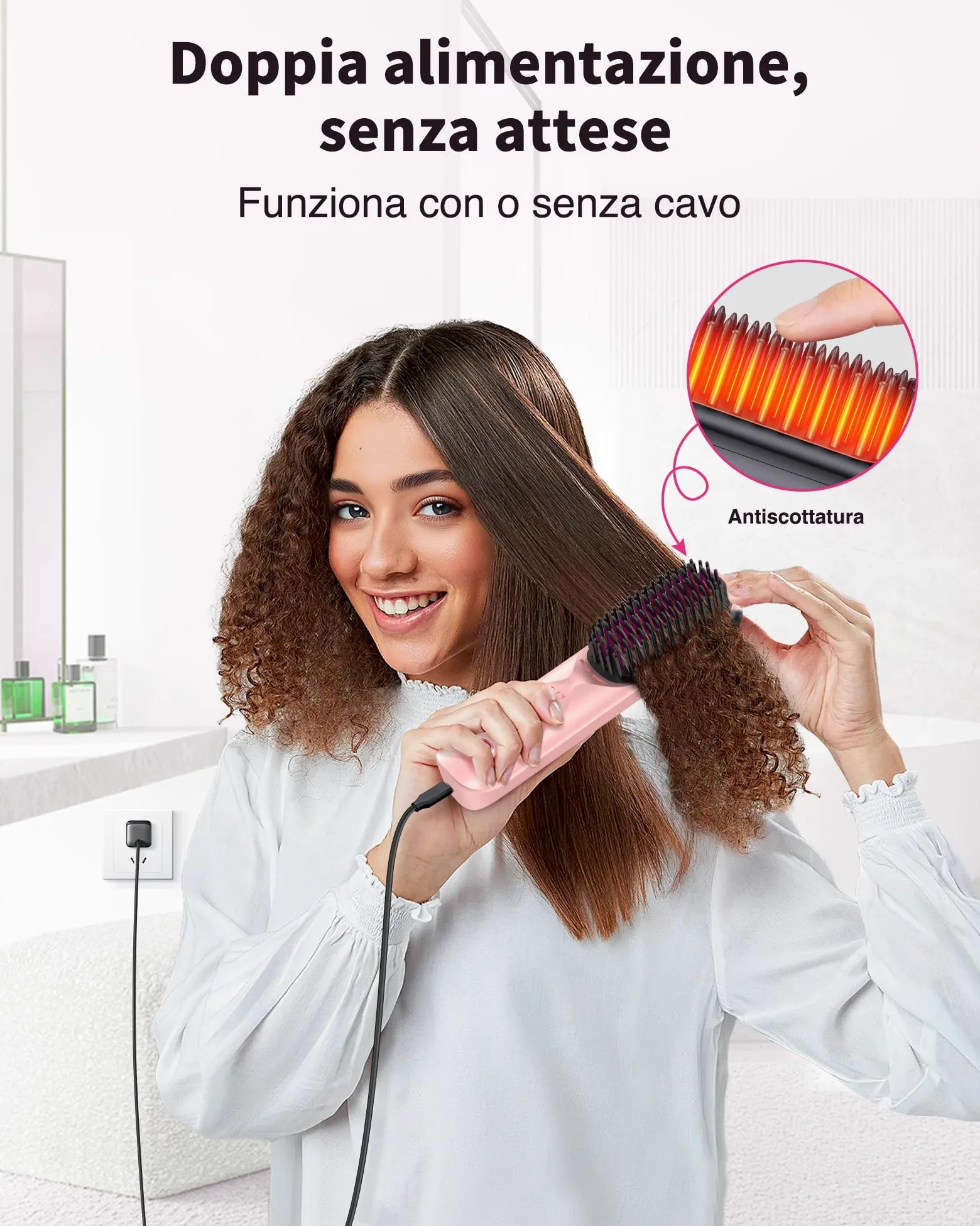 Bopcal Spazzola Lisciante per Capelli 10000mAh - 3 in 1 Spazzola Lisciante Senza Fili 300 Milioni di Ioni, Riscaldata 30S, Ceramica antiscottatura, Viaggio, Portatile e Powerbank JDS1