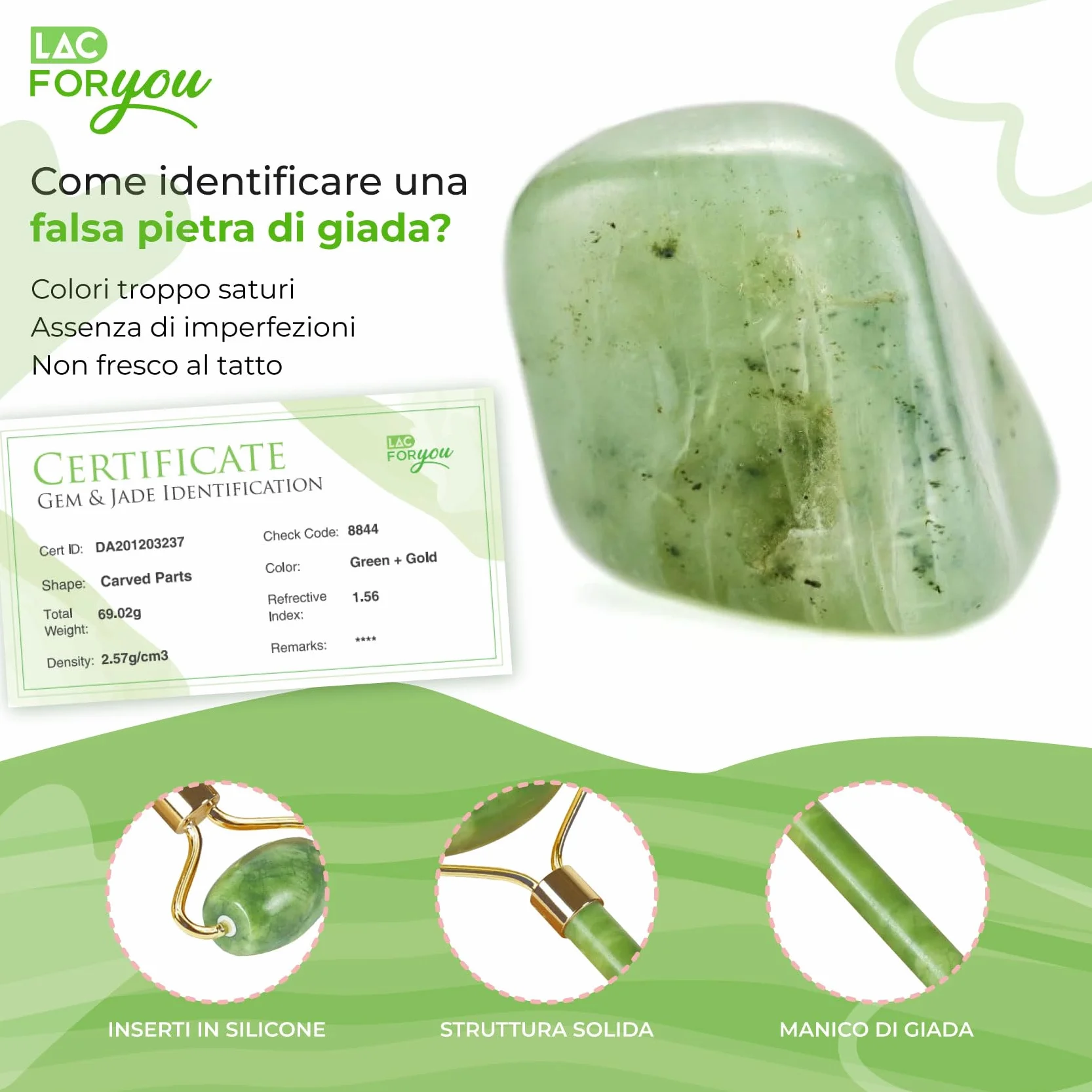 LAC FOR YOU Pietra Gua Sha e Rullo di Giada per il Viso - Roller Massaggio Viso Antirughe - 2 Pz Accessori Skincare Kit