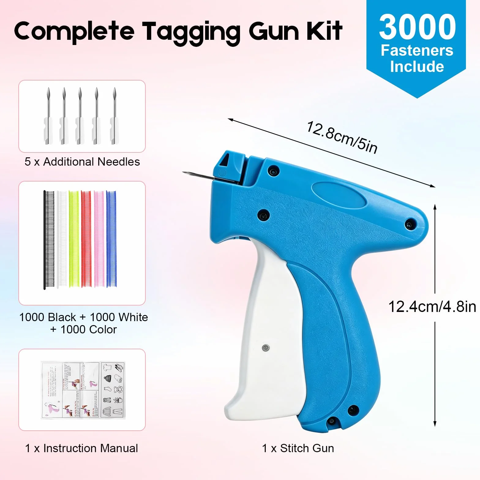 Pistola Cucitura Invisibile Portatile per Riparazioni Rapide, Etichettatrice per Tessuti Jeans Lana Poliestere, Include 6 Aghi + 3000 (Blu)