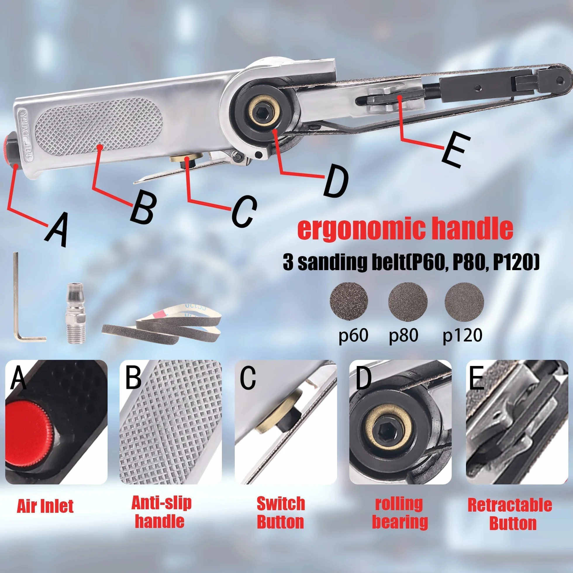 Mini Smerigliatrice Pneumatica con Impugnatura Girevole 360° - Levigatrice per Legno a Nastro Ferro ad Aria Compressa