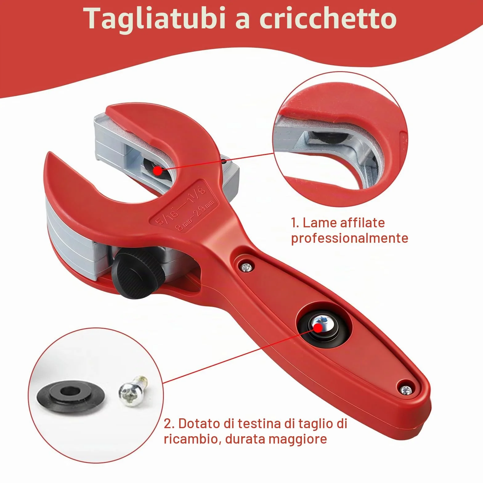 Tagliatubi a cricchetto per tubi 8-29 mm, acciaio inossidabile, rame, alluminio, rosso