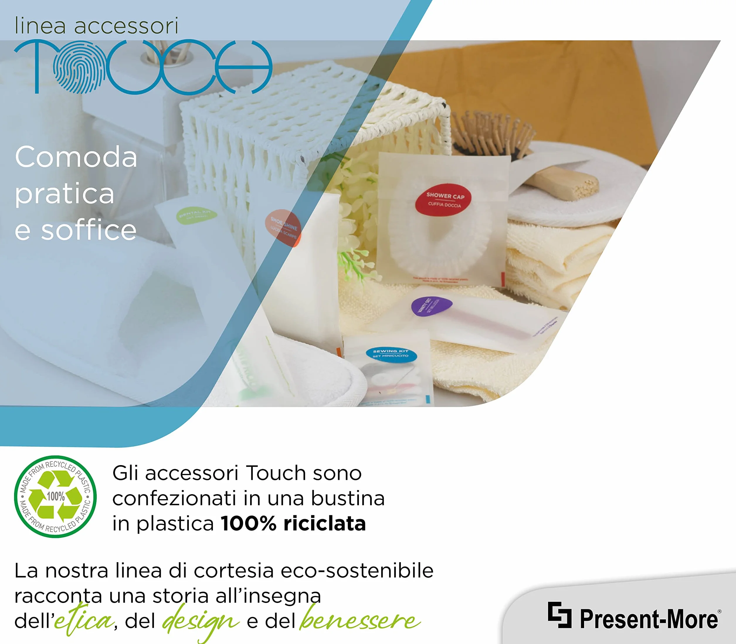 PRESENT-MORE - Vanity Set 250 Pezzi - Linea Touch - Kit con Dischi Struccanti, Limetta per Unghie e Cotton Fioc - Packaging Ecologico in Bustina di Plastica Riciclata - Ideale per Hotel e B&B